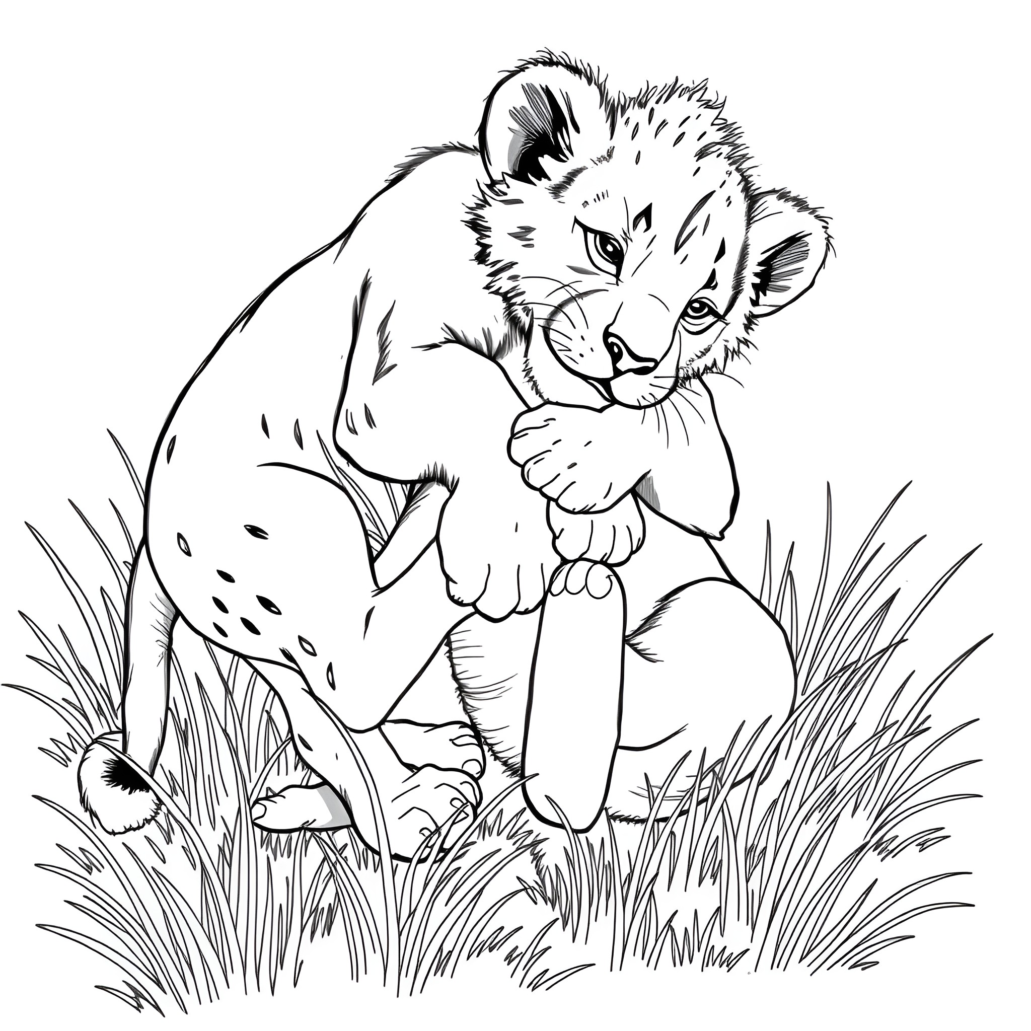 Baby Lion Resting Peacefully in the Grass Coloring Page (free black-and-white line drawing printable PDF for all, from beginners to advanced learners, including children, teens, adults, and seniors)