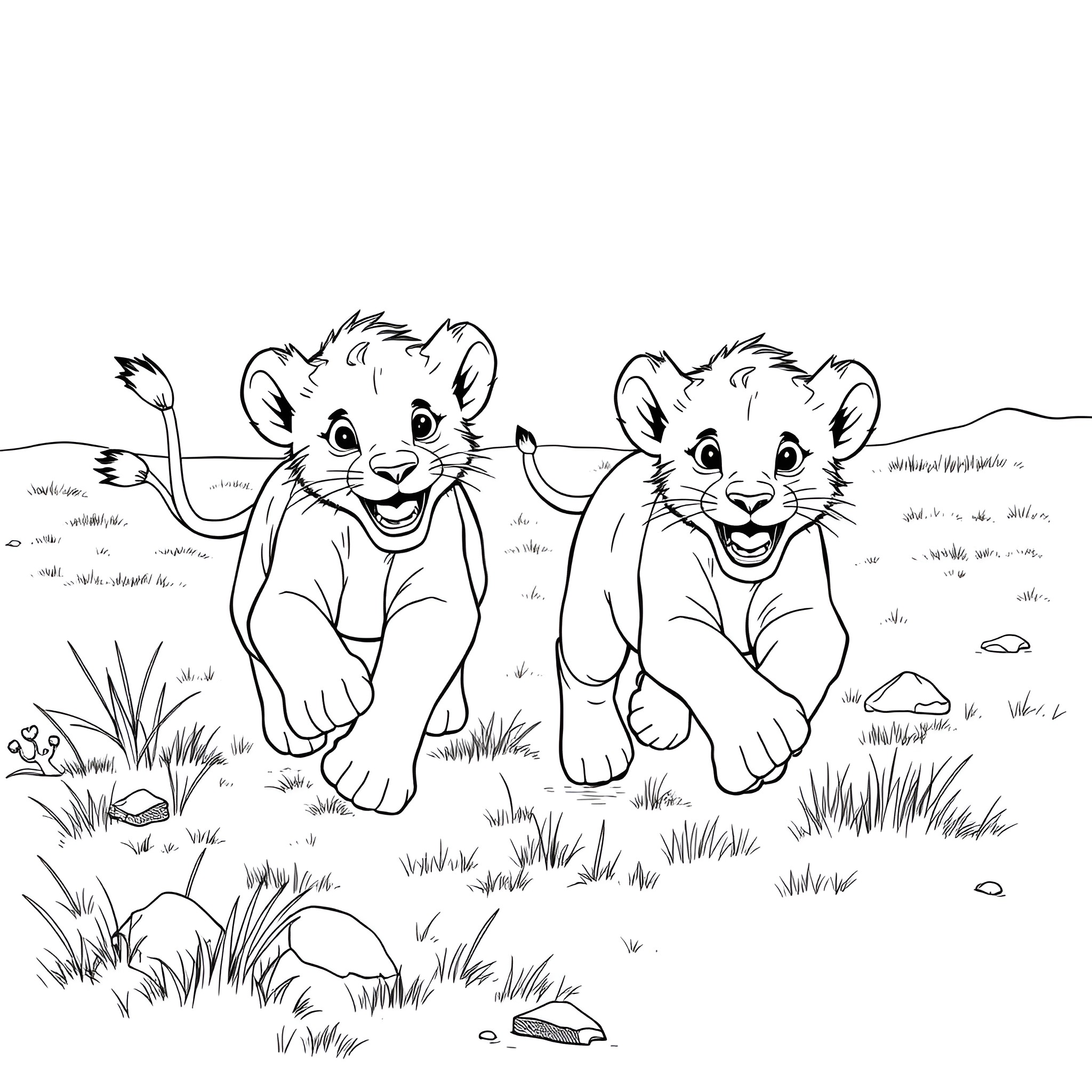 Lion Cubs Playfully Frolicking in the Meadow Coloring Page (free black-and-white line drawing printable PDF for all, from beginners to advanced learners, including children, teens, adults, and seniors)