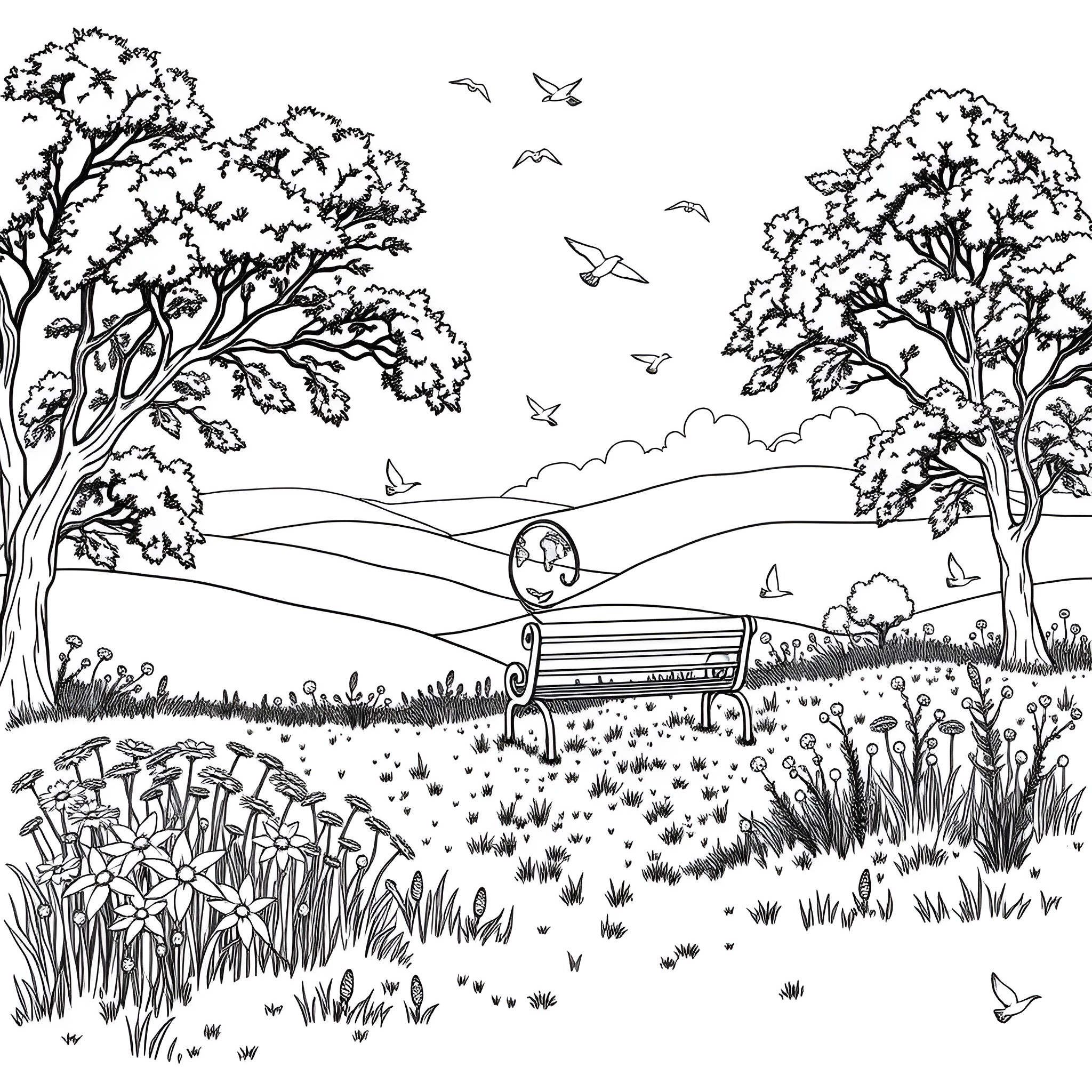 Nature scene with park bench and flying birds Coloring Page (free black-and-white line drawing printable PDF for all, from beginners to advanced learners, including children, teens, adults, and seniors)