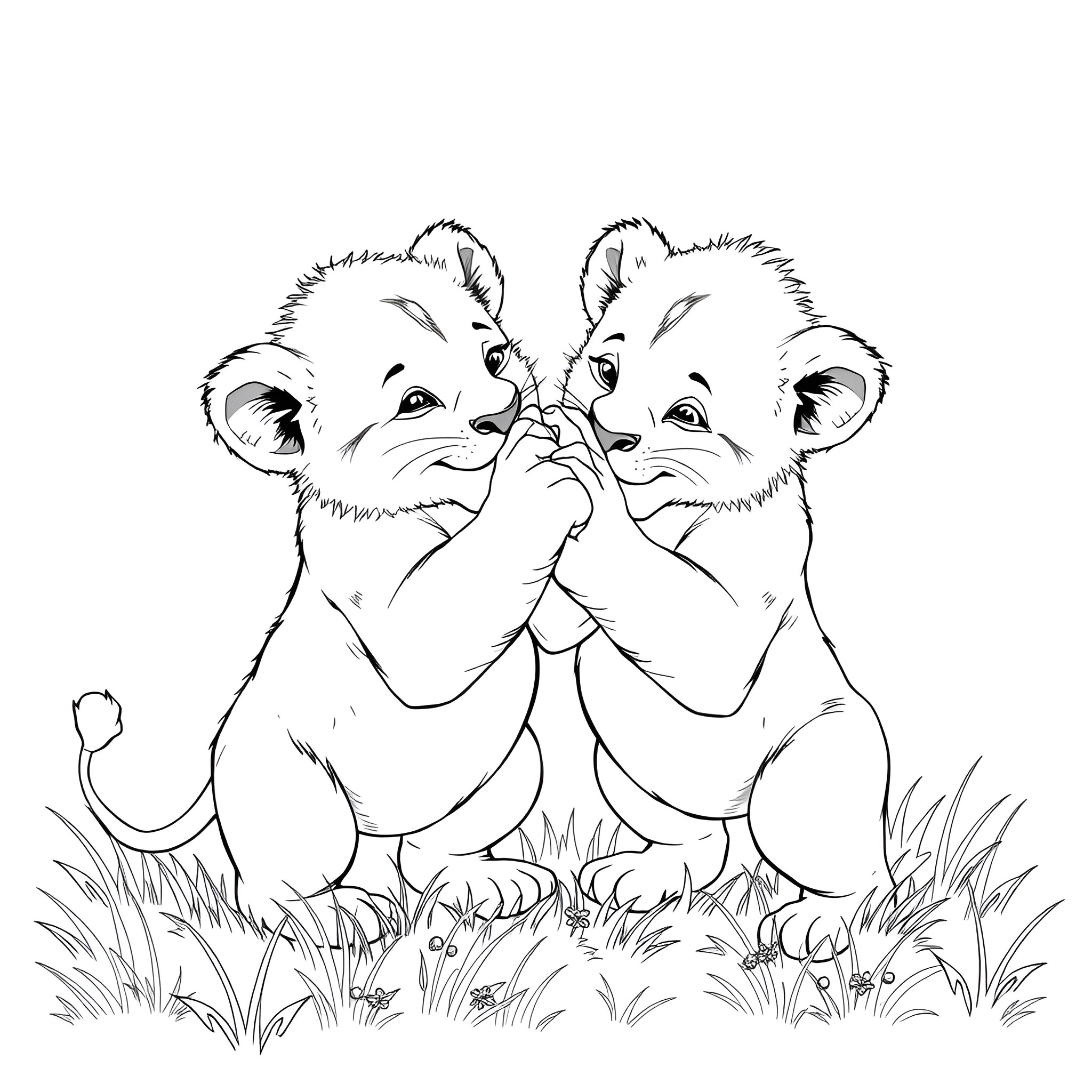 Lion cubs playing playfully together Coloring Page (free black-and-white line drawing printable PDF for all, from beginners to advanced learners, including children, teens, adults, and seniors)