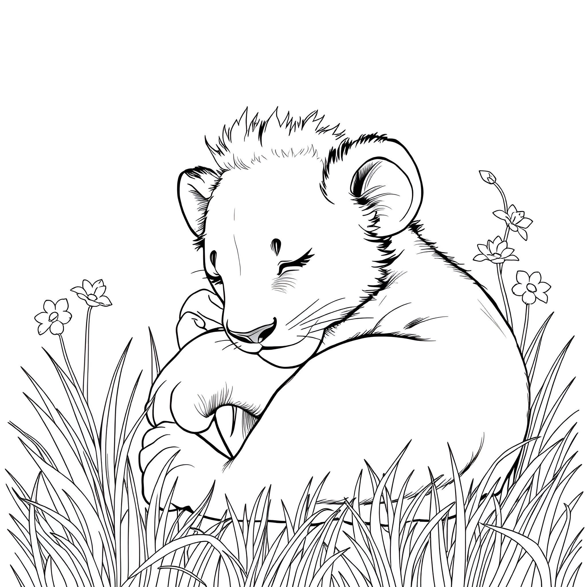 Lion cub resting peacefully in the grass Coloring Page (free black-and-white line drawing printable PDF for all, from beginners to advanced learners, including children, teens, adults, and seniors)
