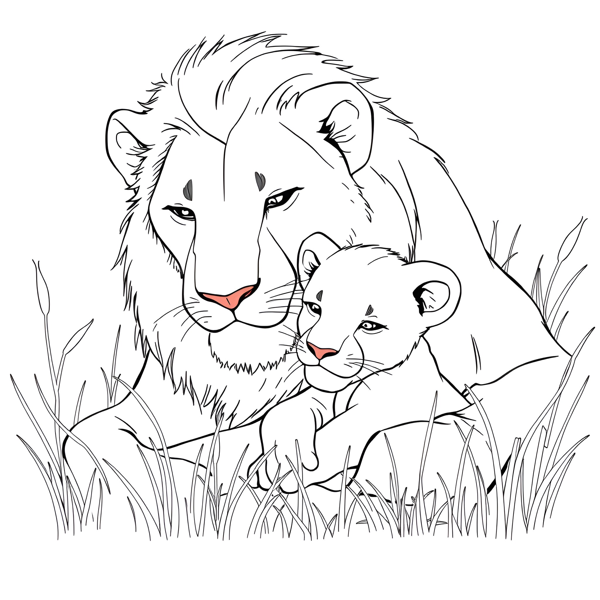 Lion and cub relaxing in the wild Coloring Page (free black-and-white line drawing printable PDF for all, from beginners to advanced learners, including children, teens, adults, and seniors)