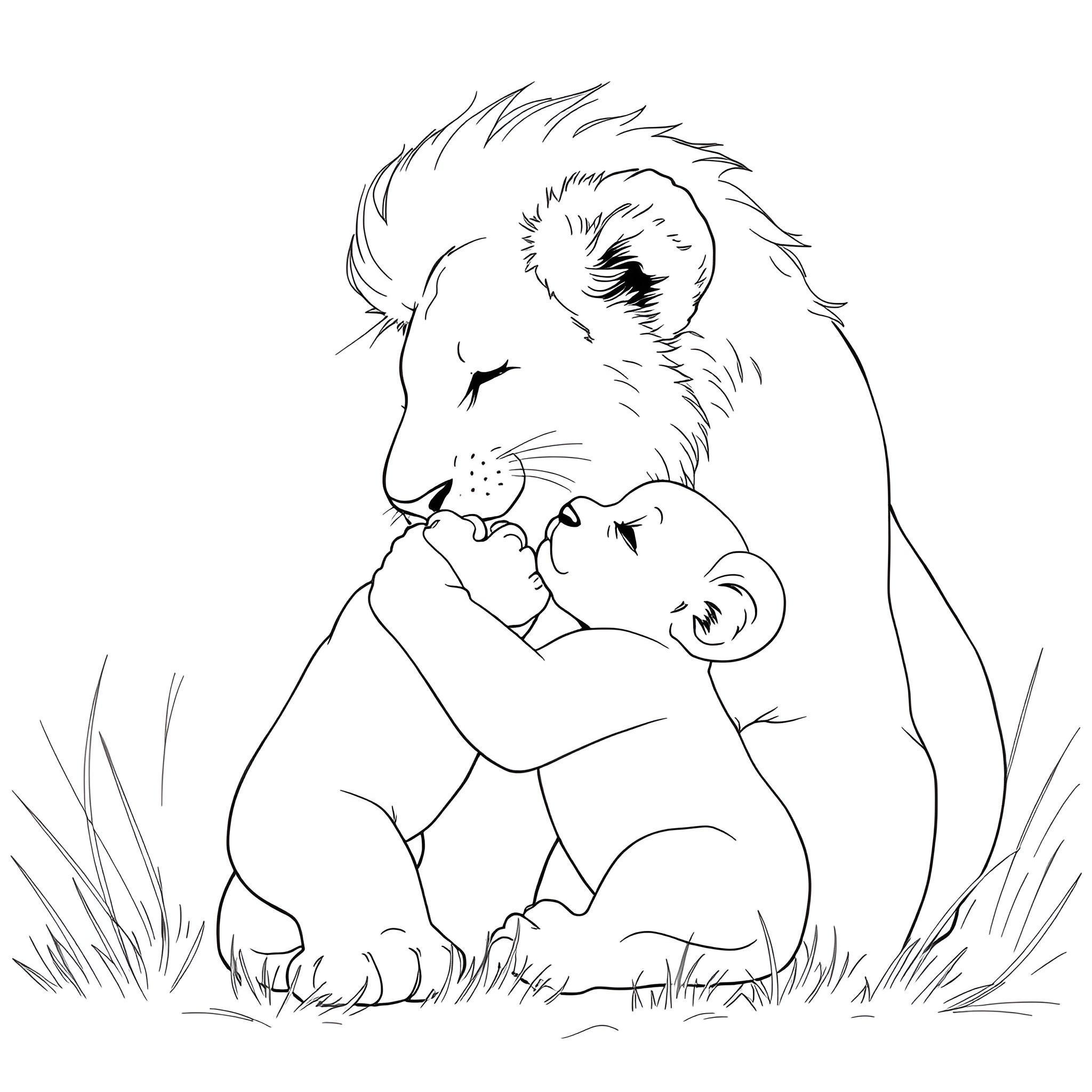 Lion protecting its cub in nature Coloring Page (free black-and-white line drawing printable PDF for all, from beginners to advanced learners, including children, teens, adults, and seniors)