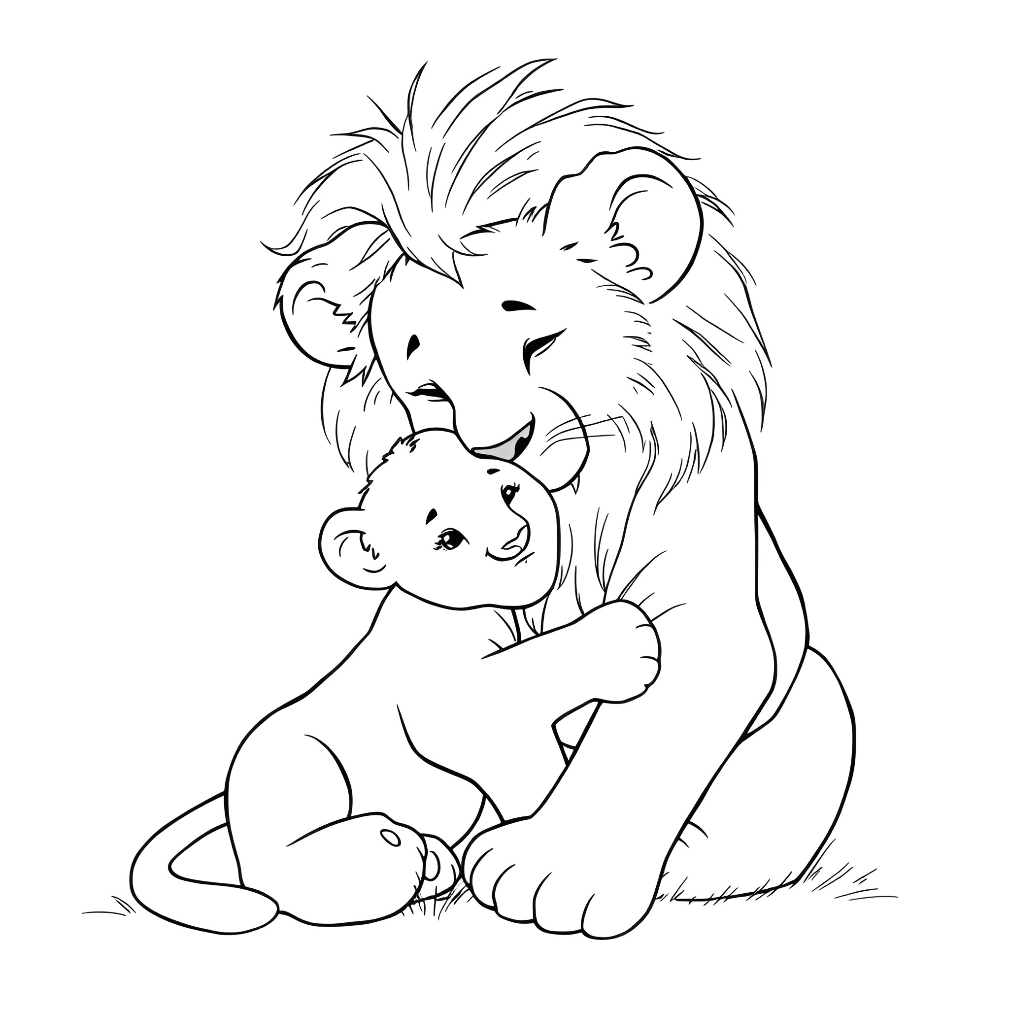 Lion protecting its cub affectionately Coloring Page (free black-and-white line drawing printable PDF for all, from beginners to advanced learners, including children, teens, adults, and seniors)