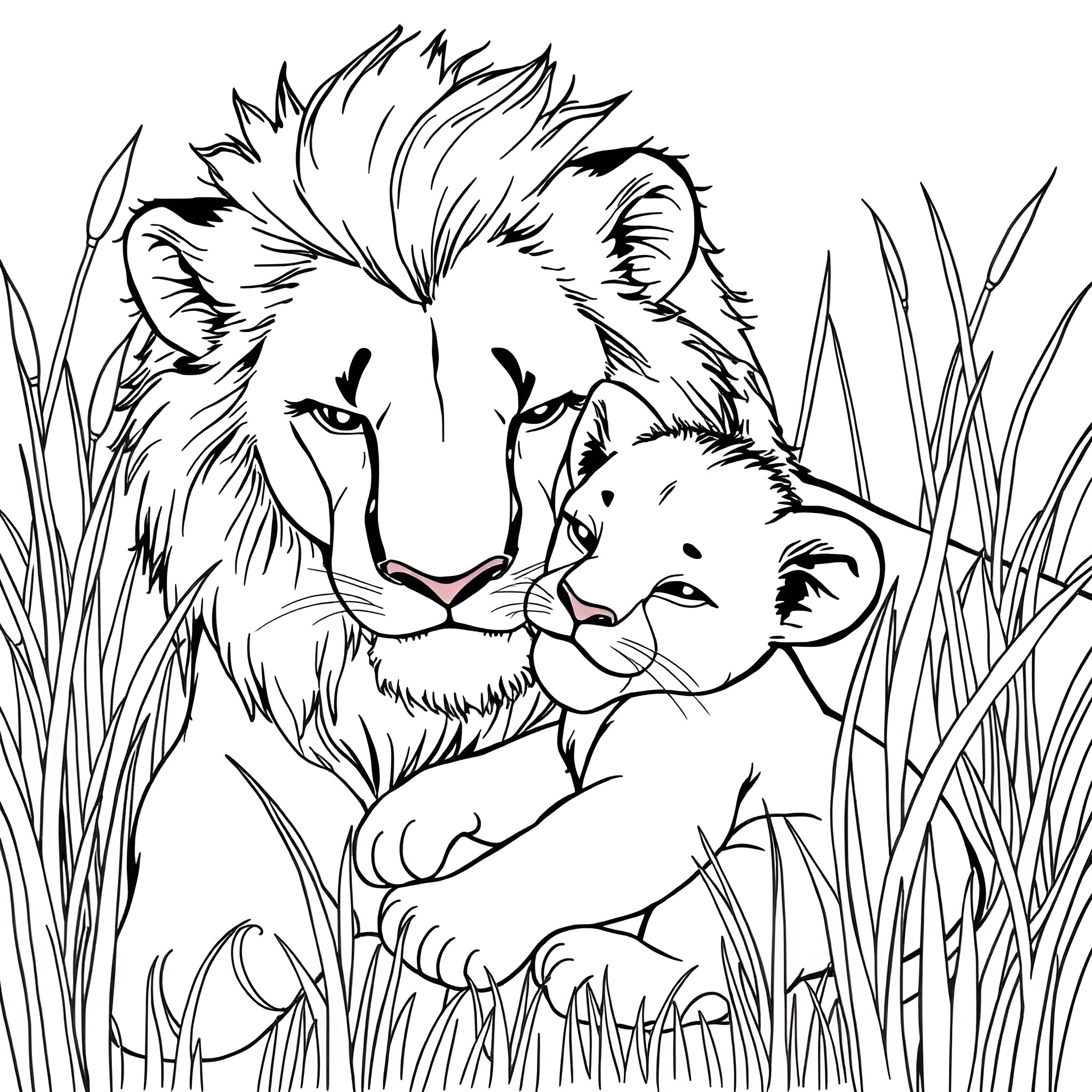 Lion and cub in the tall grass Coloring Page (free black-and-white line drawing printable PDF for all, from beginners to advanced learners, including children, teens, adults, and seniors)