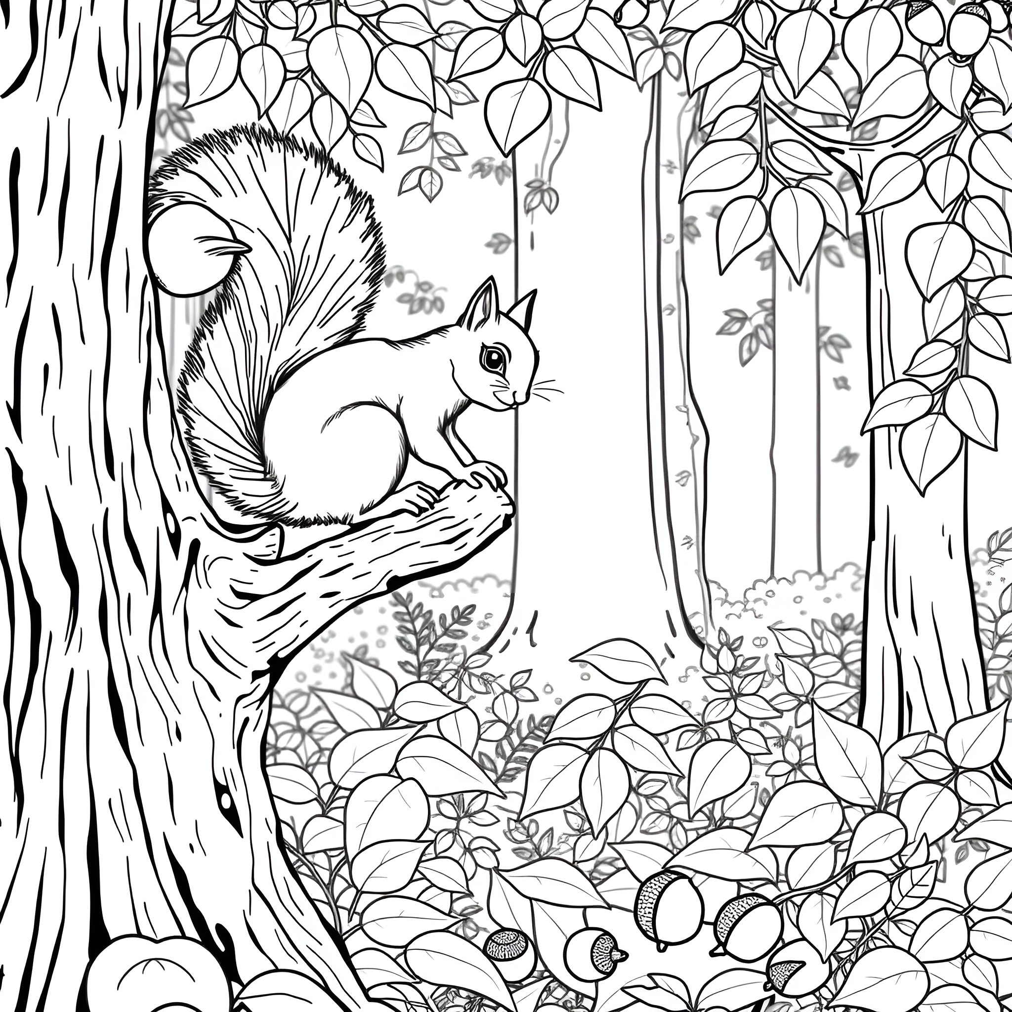 Squirrel exploring the lush forest Coloring Page (free black-and-white line drawing printable PDF for all, from beginners to advanced learners, including children, teens, adults, and seniors)