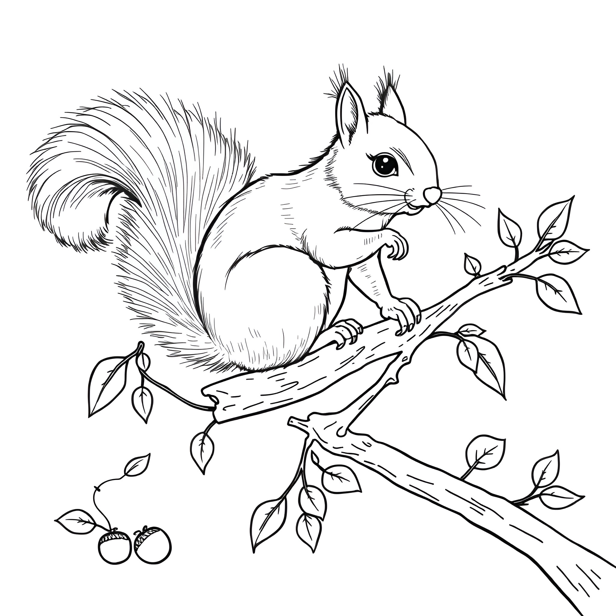 Squirrel on a branch with acorns Coloring Page (free black-and-white line drawing printable PDF for all, from beginners to advanced learners, including children, teens, adults, and seniors)