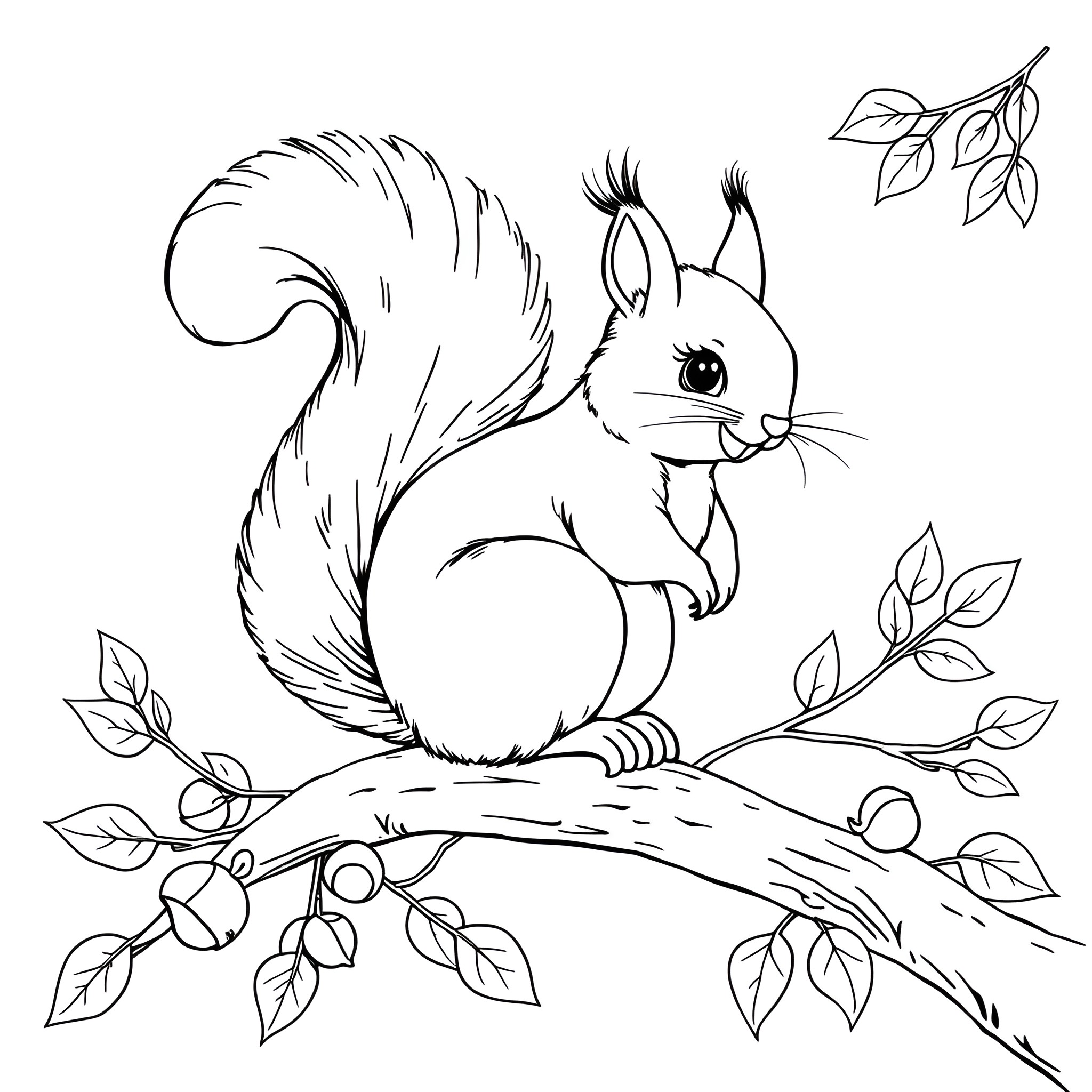 Squirrel sitting on branch with leaves Coloring Page (free black-and-white line drawing printable PDF for all, from beginners to advanced learners, including children, teens, adults, and seniors)