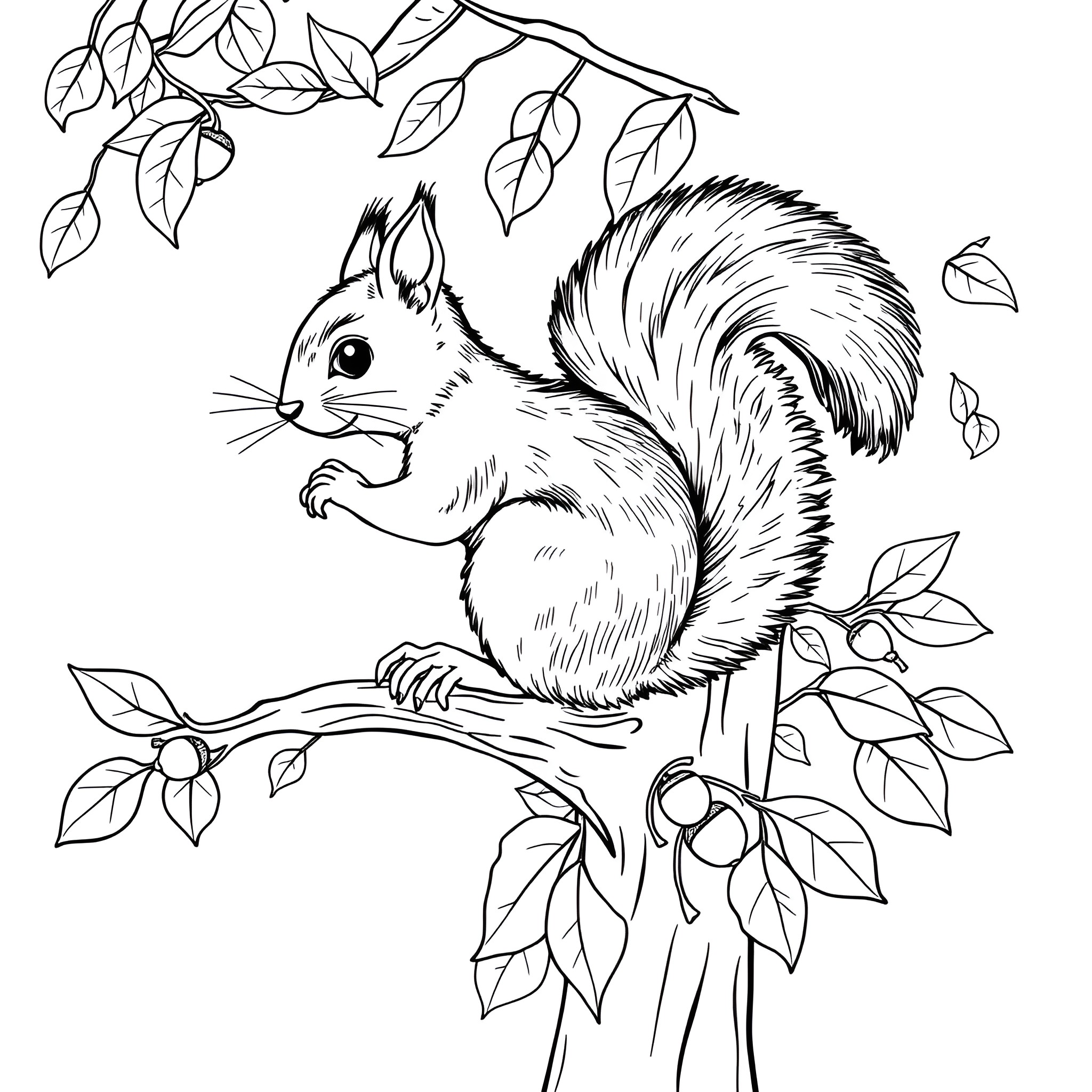 Squirrel playing amidst leaves in nature Coloring Page (free black-and-white line drawing printable PDF for all, from beginners to advanced learners, including children, teens, adults, and seniors)