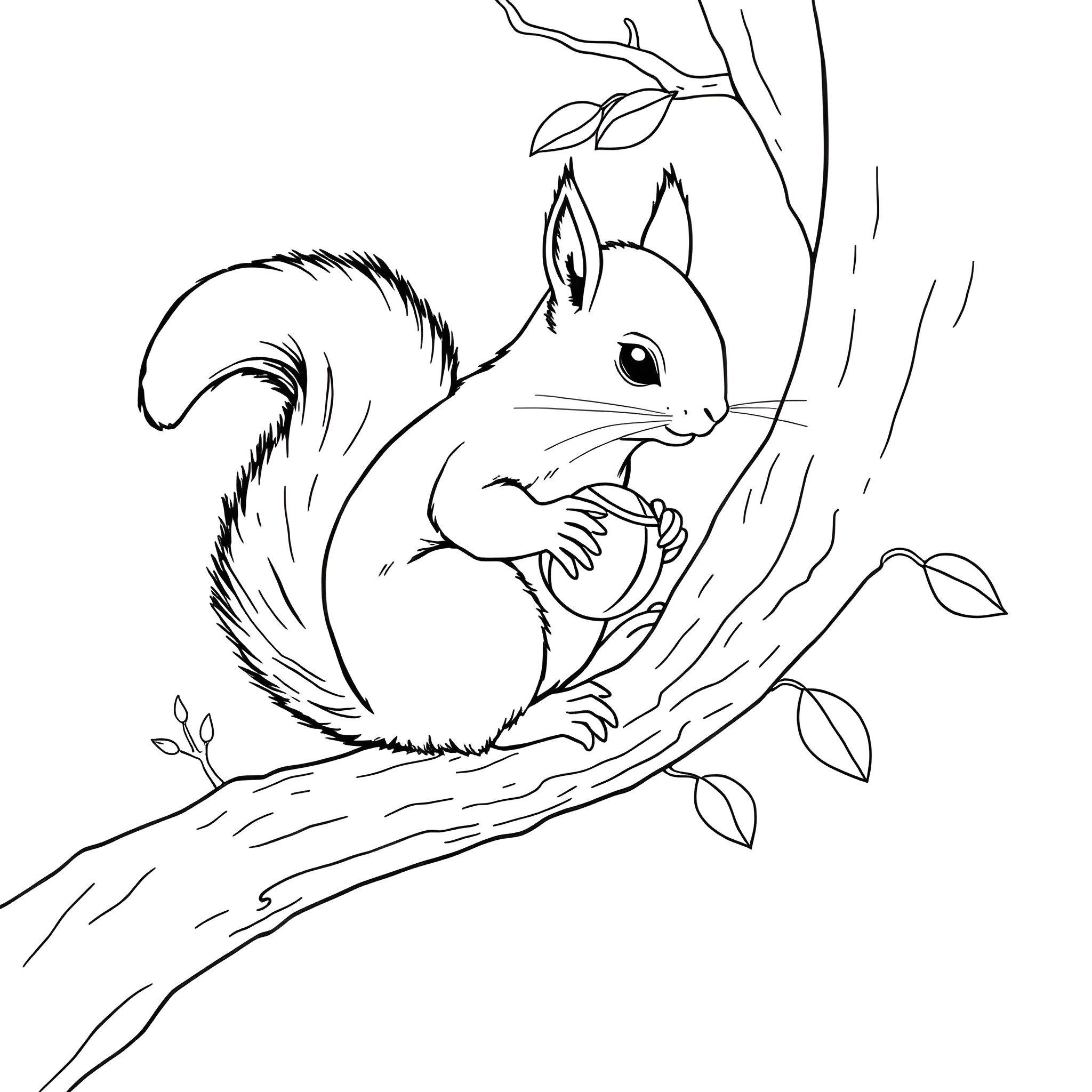 Squirrel Enjoying Its Nutty Snack on Tree Branch Coloring Page (free black-and-white line drawing printable PDF for all, from beginners to advanced learners, including children, teens, adults, and seniors)