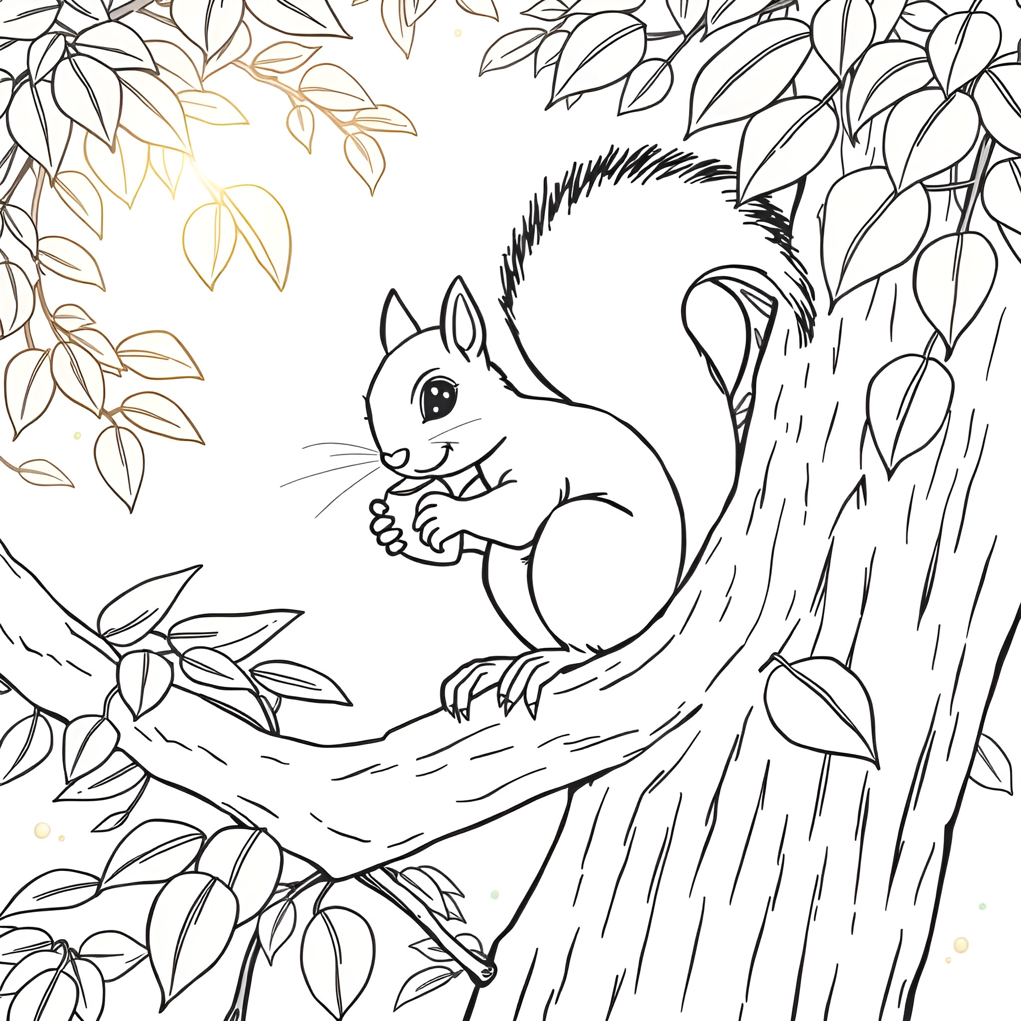Squirrel exploring the leafy forest Coloring Page (free black-and-white line drawing printable PDF for all, from beginners to advanced learners, including children, teens, adults, and seniors)