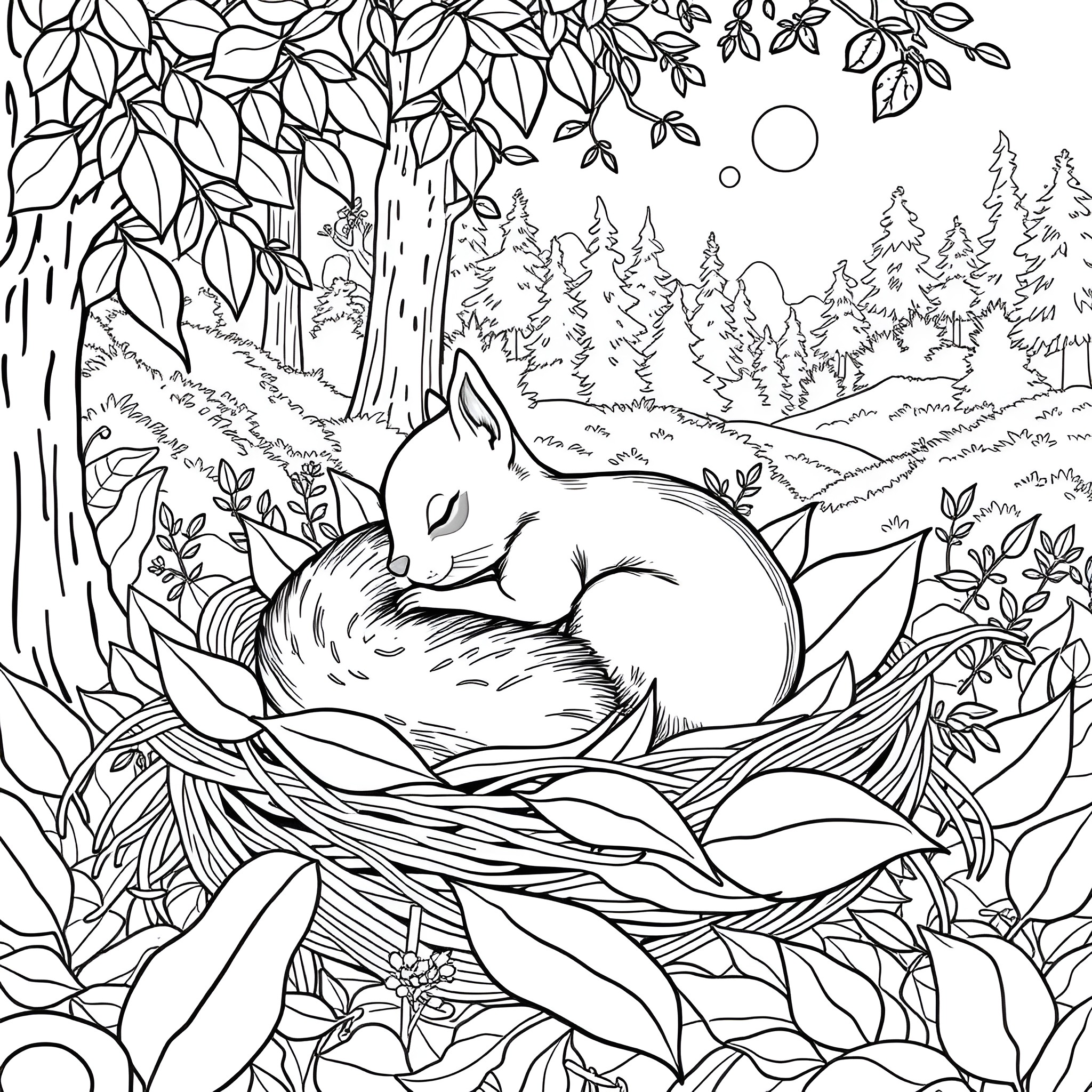 Squirrel sleeping peacefully in its cozy nest Coloring Page (free black-and-white line drawing printable PDF for all, from beginners to advanced learners, including children, teens, adults, and seniors)