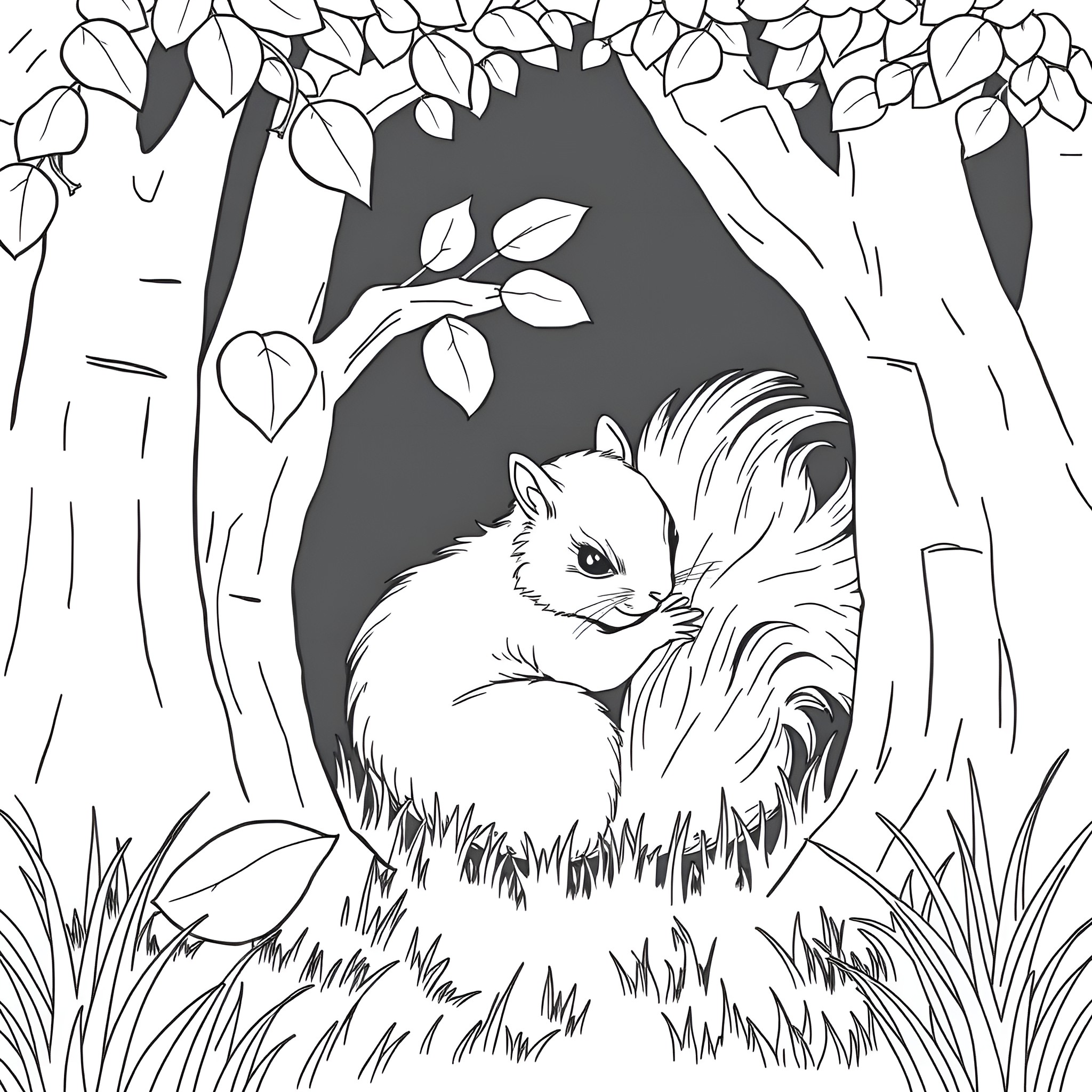 Squirrel nestled in a cozy forest scene Coloring Page (free black-and-white line drawing printable PDF for all, from beginners to advanced learners, including children, teens, adults, and seniors)