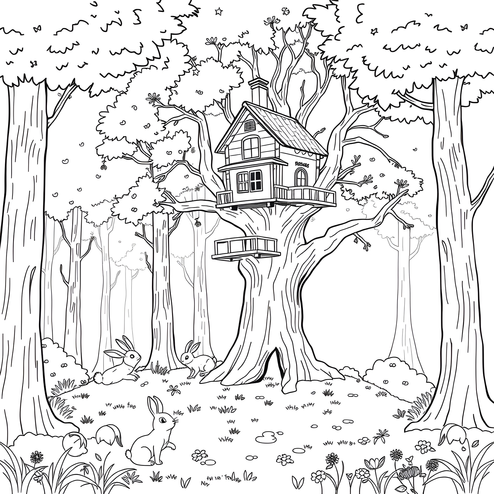 Bunny's Cozy Treehouse in the Forest Coloring Page (free black-and-white line drawing printable PDF for all, from beginners to advanced learners, including children, teens, adults, and seniors)