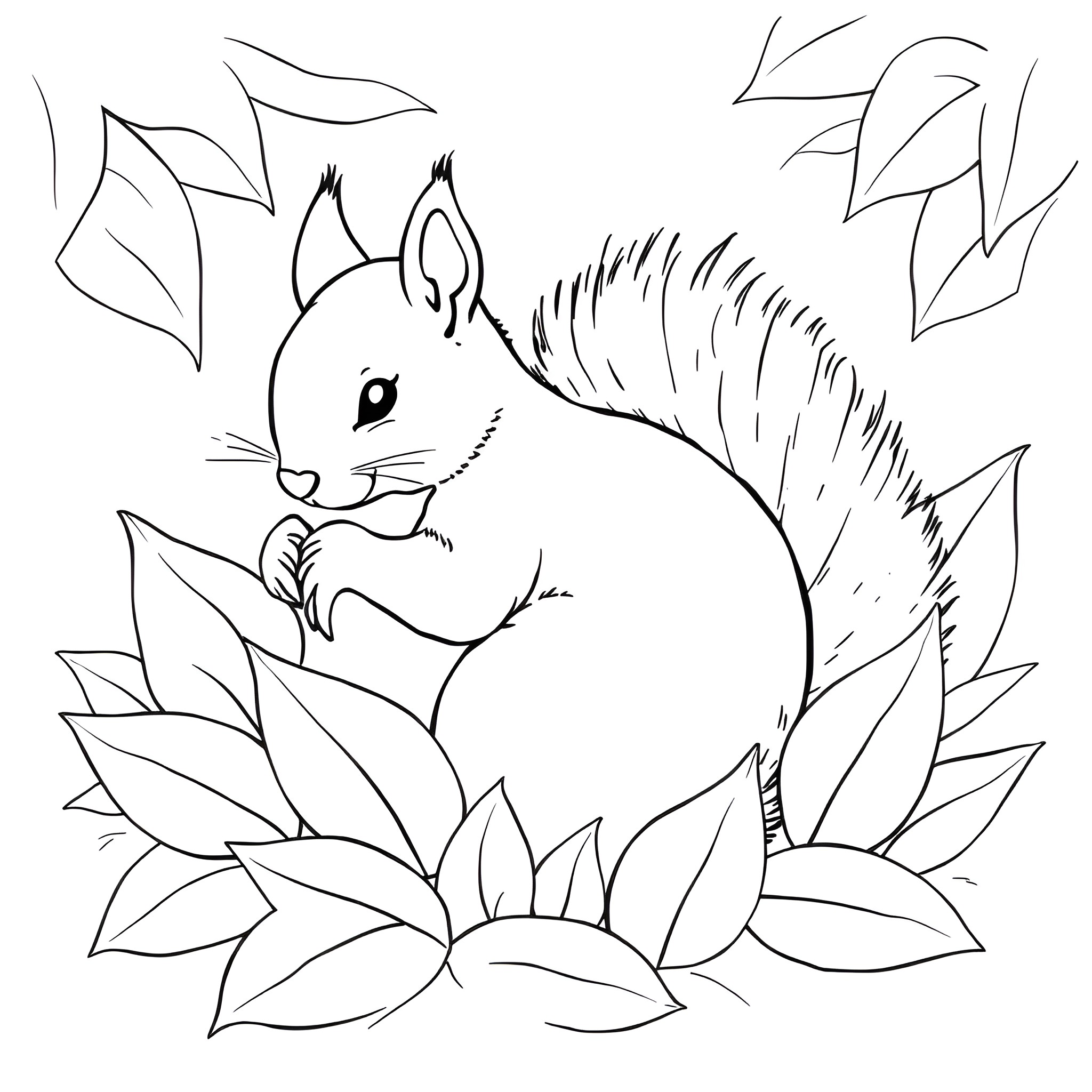 Squirrel resting amidst vibrant leaves Coloring Page (free black-and-white line drawing printable PDF for all, from beginners to advanced learners, including children, teens, adults, and seniors)