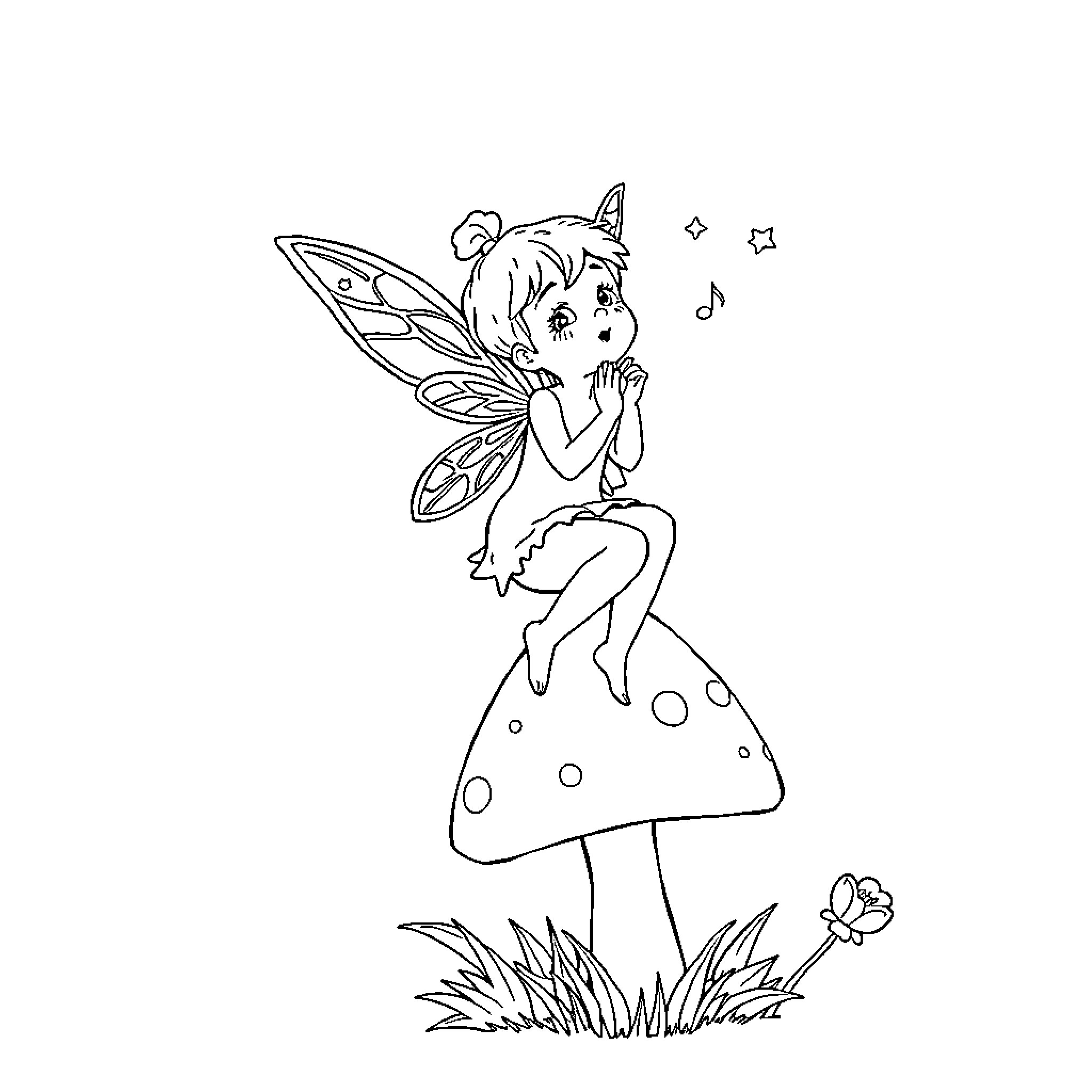 Fairy Sitting Peacefully on a Mushroom Coloring Page (free black-and-white line drawing printable PDF for all, from beginners to advanced learners, including children, teens, adults, and seniors)