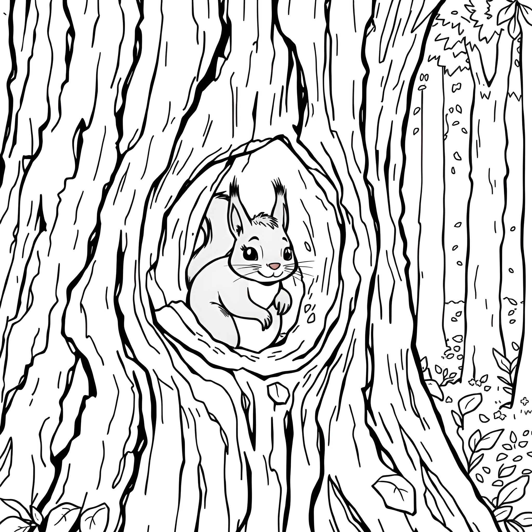 Squirrel peeking from a hollow tree trunk Coloring Page (free black-and-white line drawing printable PDF for all, from beginners to advanced learners, including children, teens, adults, and seniors)
