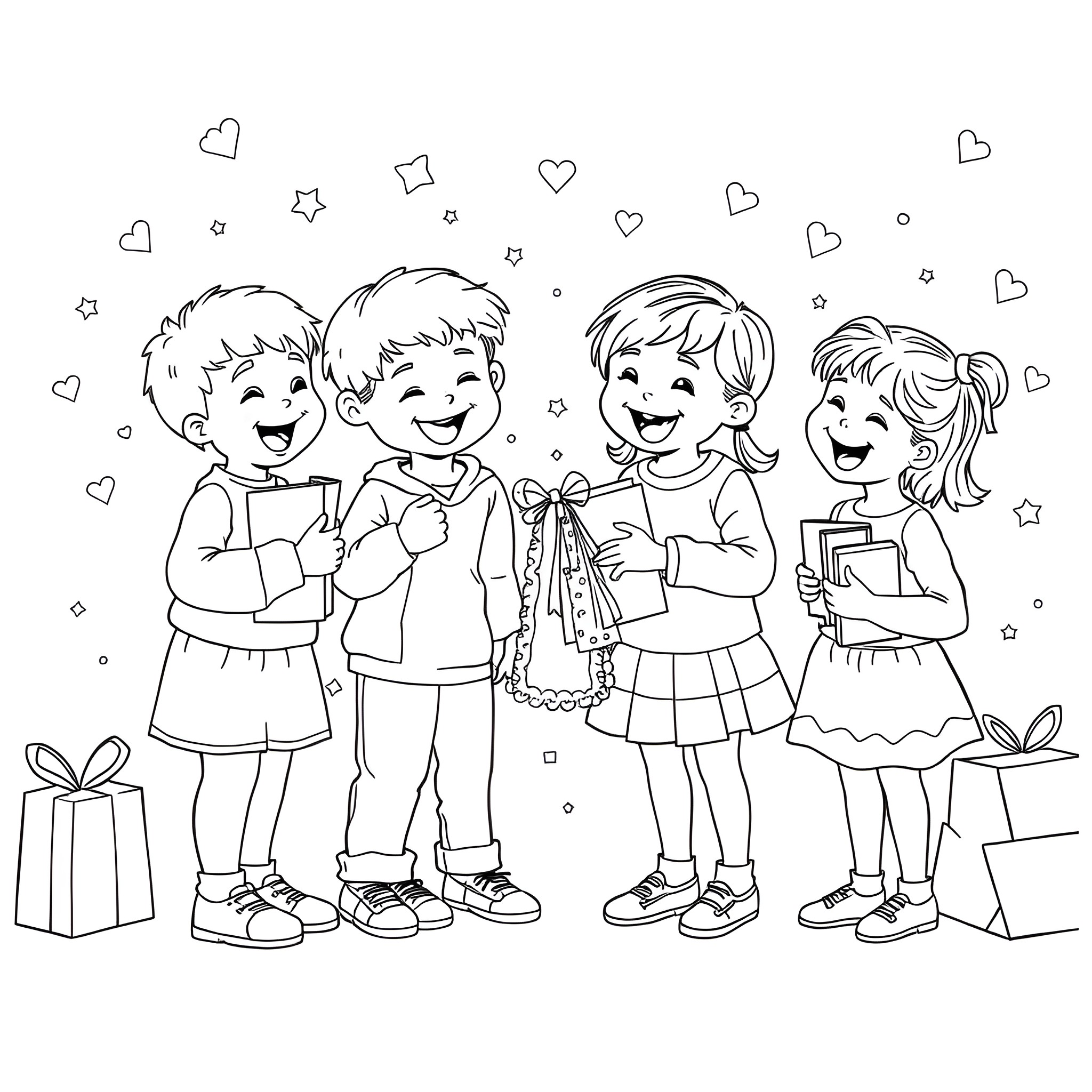 Child Celebrating and Playing with Friends Coloring Page (free black-and-white line drawing printable PDF for all, from beginners to advanced learners, including children, teens, adults, and seniors)