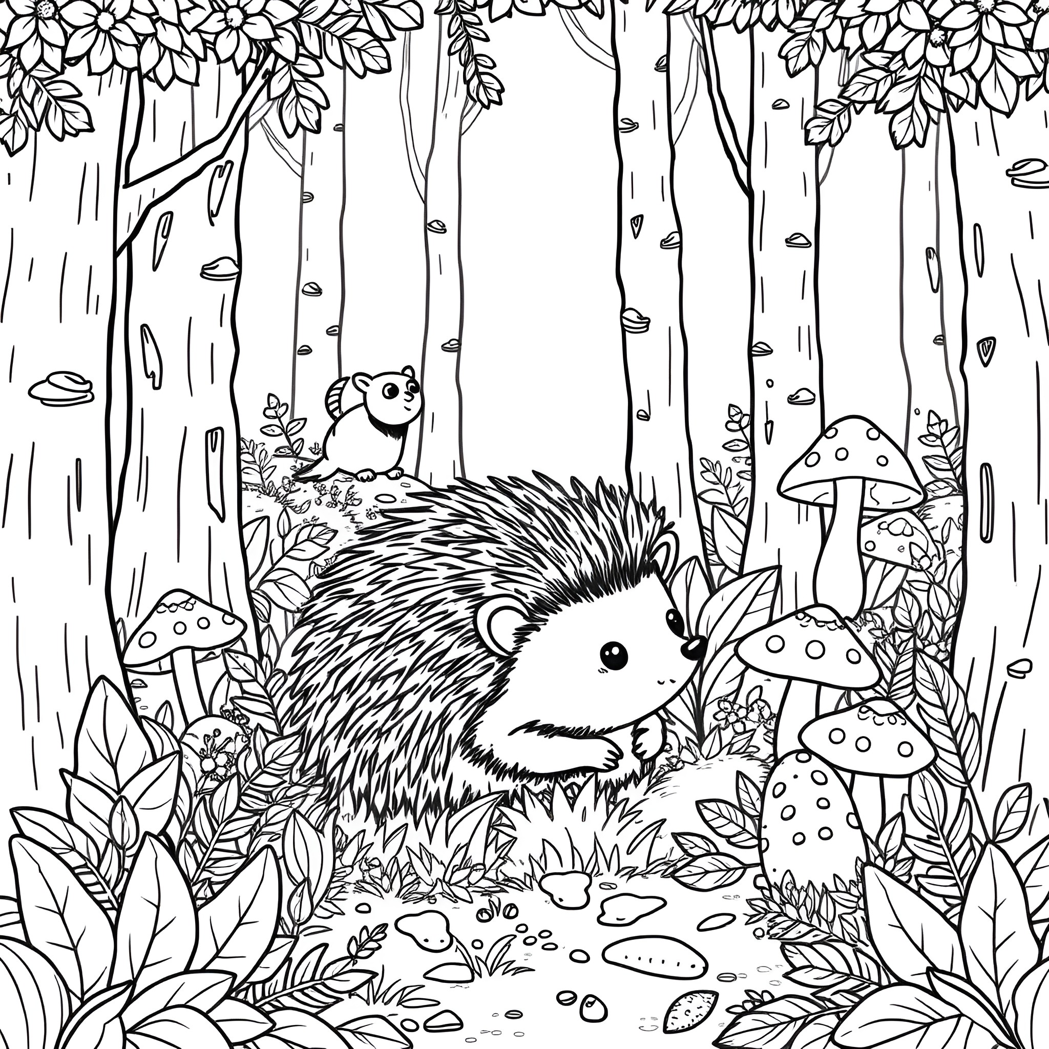 Hedgehog exploring the enchanted forest Coloring Page (free black-and-white line drawing printable PDF for all, from beginners to advanced learners, including children, teens, adults, and seniors)