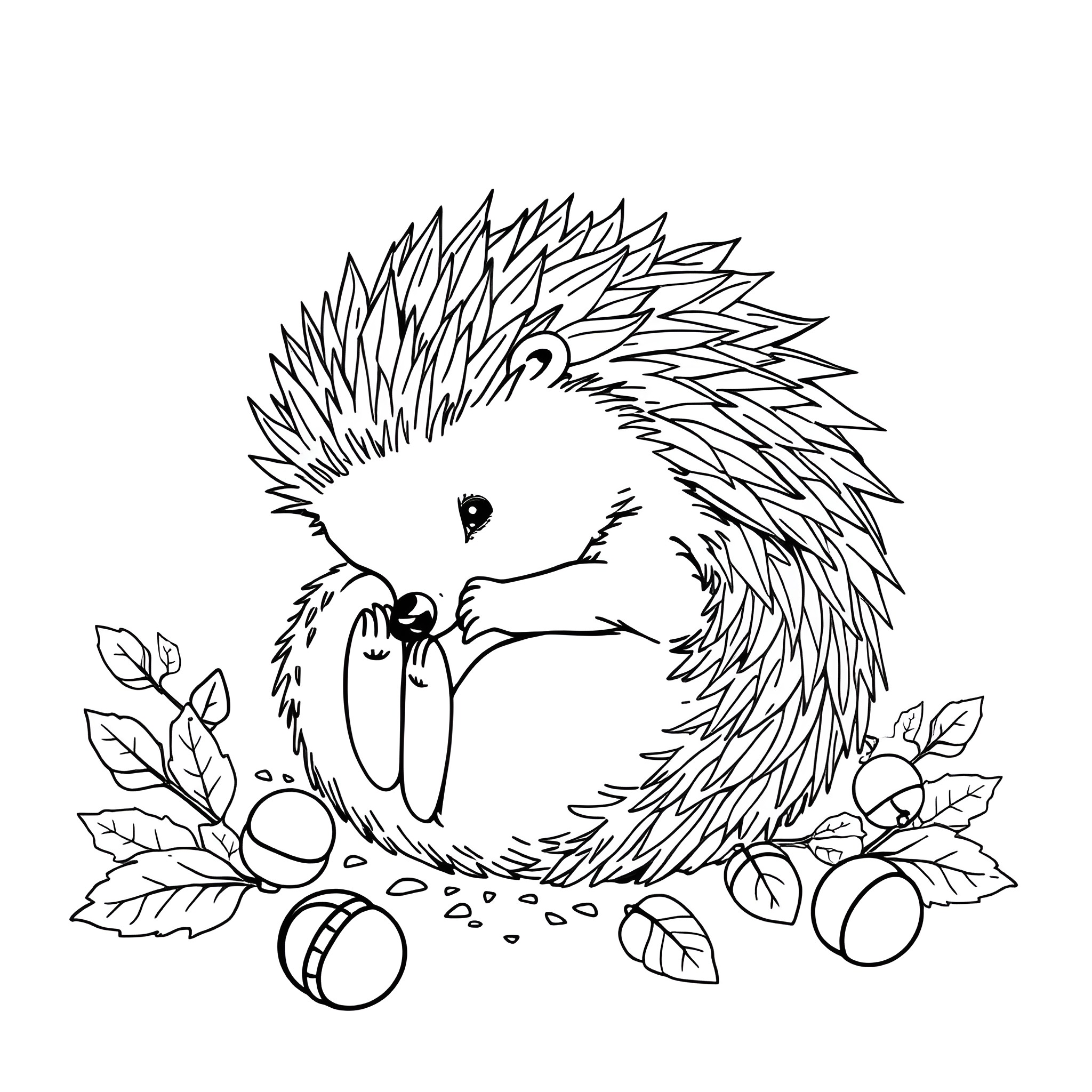 Hedgehog curled up with autumn leaves and berries Coloring Page (free black-and-white line drawing printable PDF for all, from beginners to advanced learners, including children, teens, adults, and seniors)