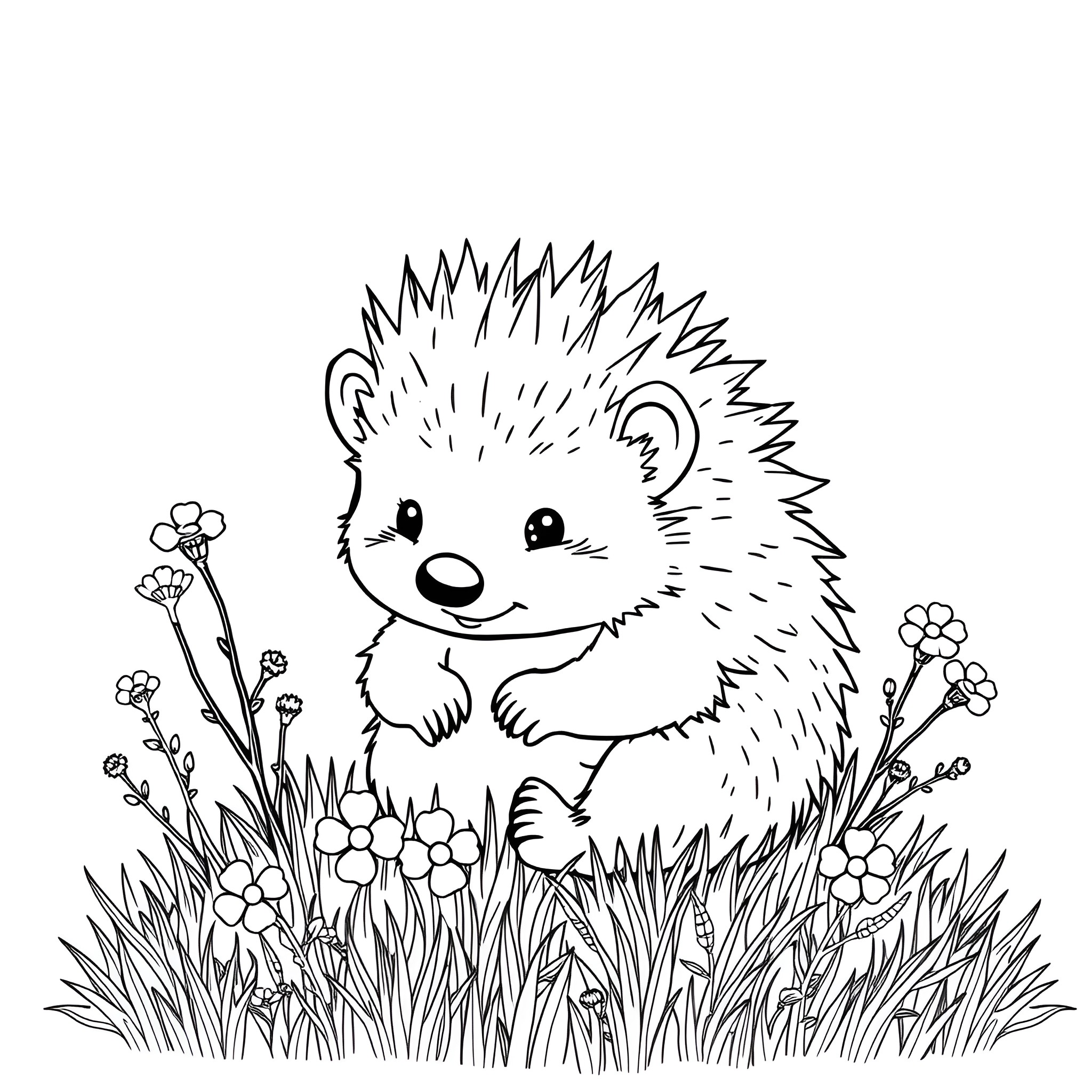 Hedgehog playing in the meadow with flowers Coloring Page (free black-and-white line drawing printable PDF for all, from beginners to advanced learners, including children, teens, adults, and seniors)