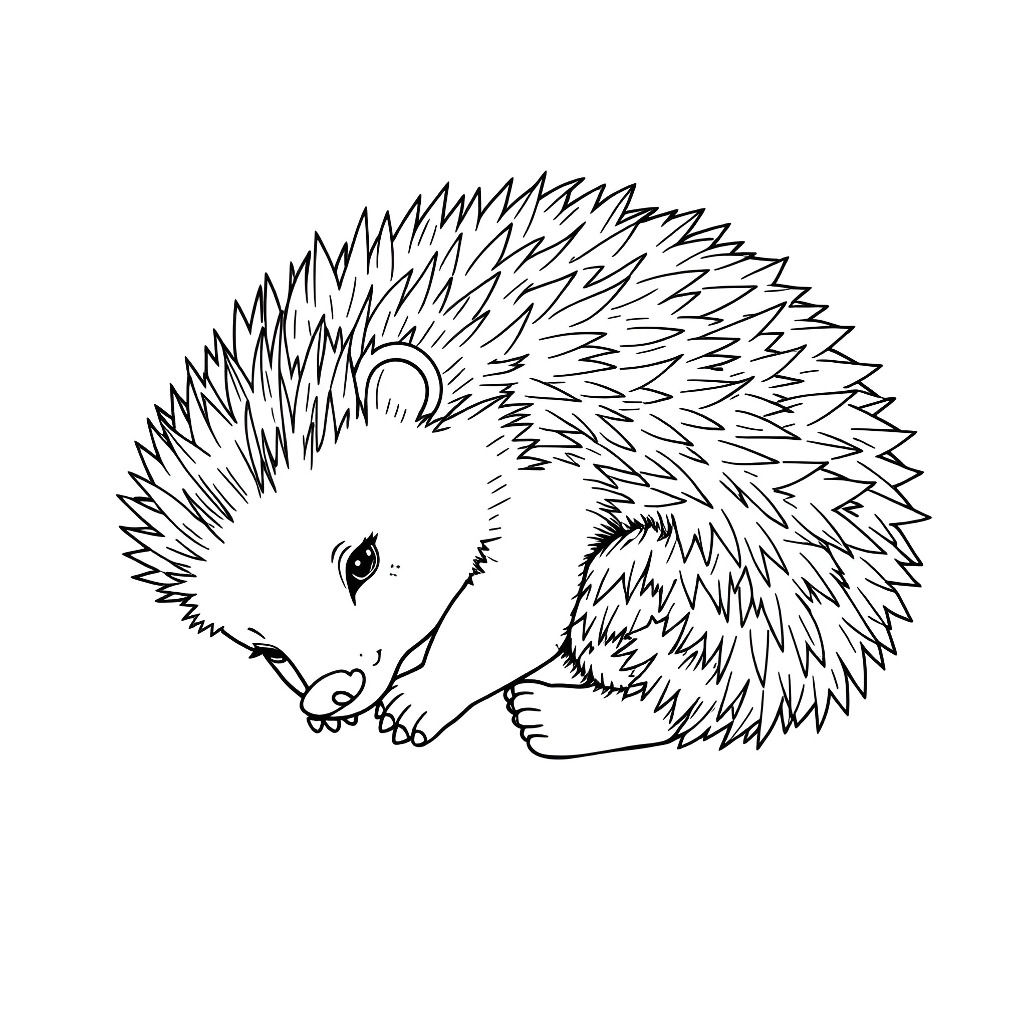 Hedgehog curled up in a ball Coloring Page (free black-and-white line drawing printable PDF for all, from beginners to advanced learners, including children, teens, adults, and seniors)