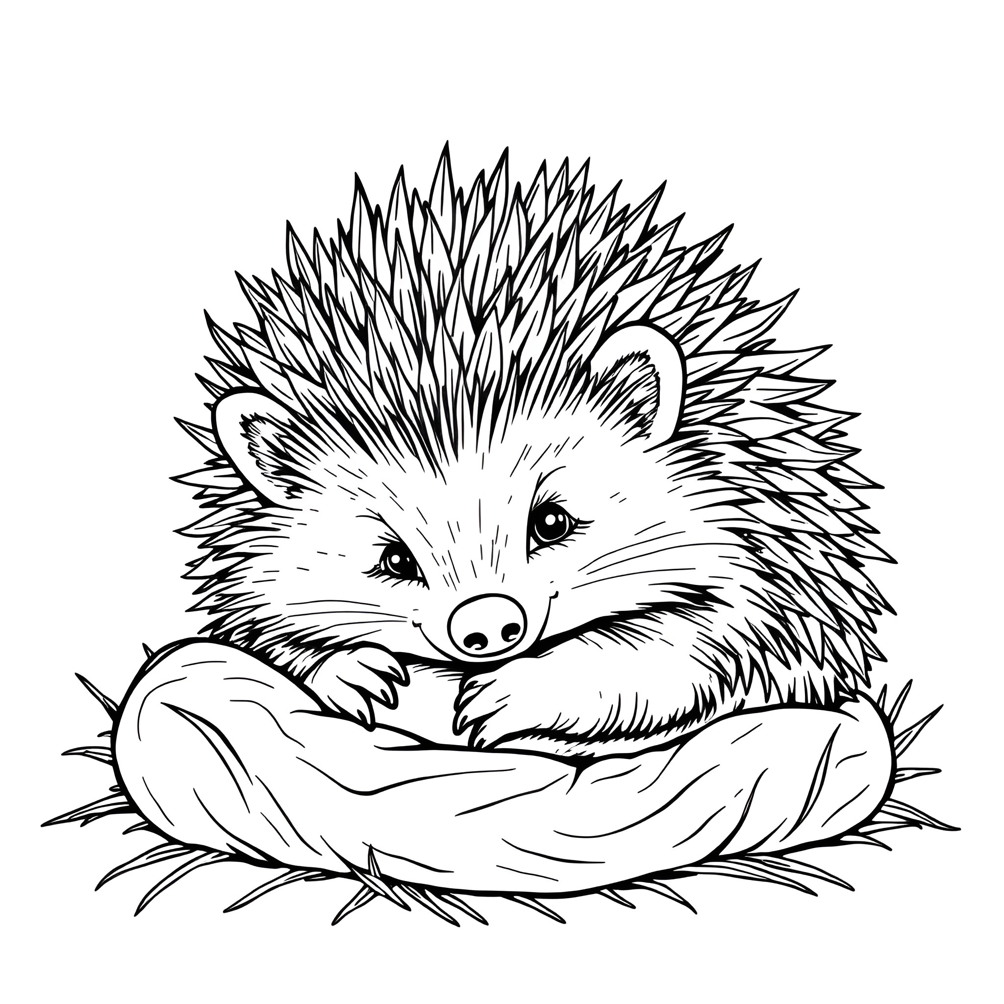 Hedgehog Curled Up in Nest Coloring Page (free black-and-white line drawing printable PDF for all, from beginners to advanced learners, including children, teens, adults, and seniors)