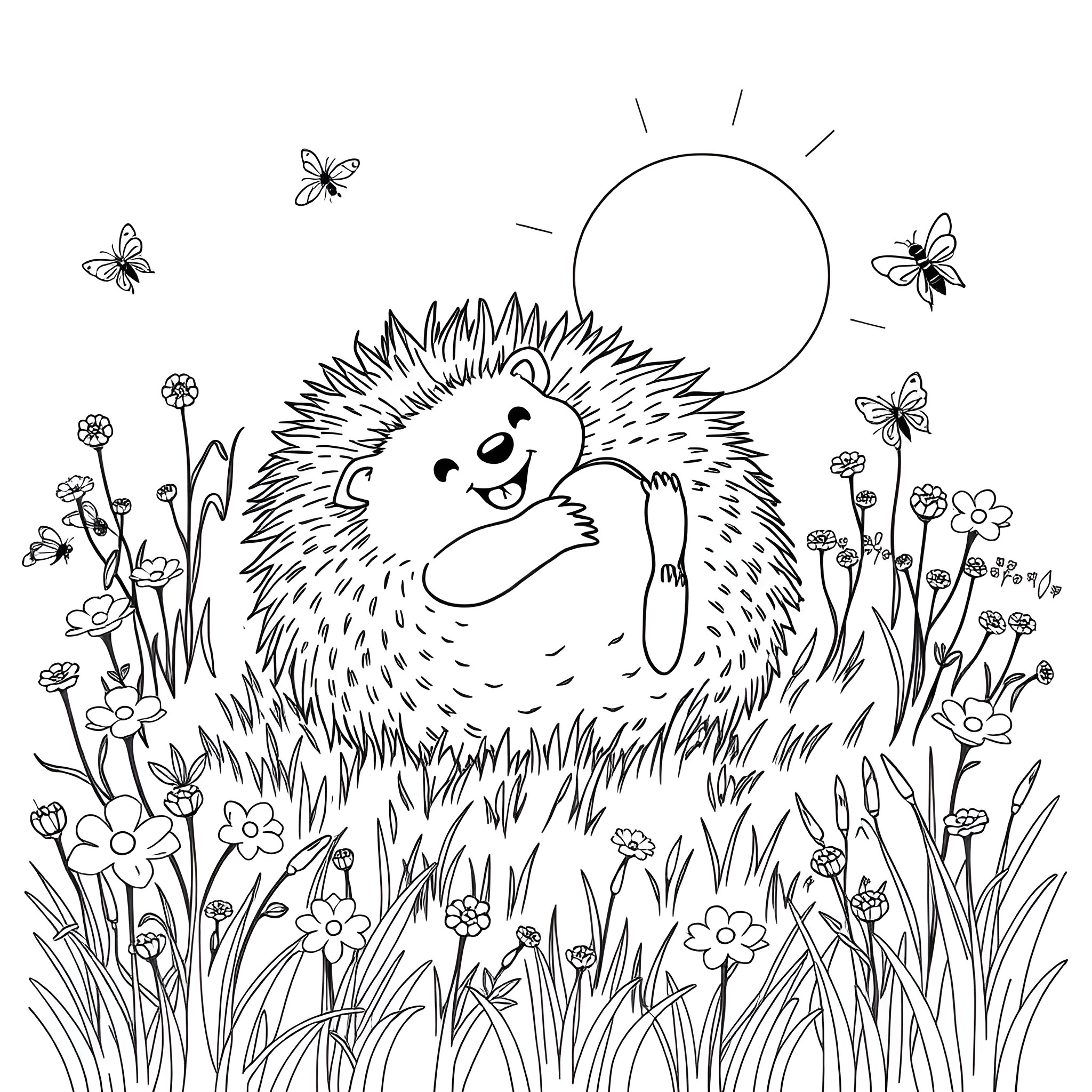 Hedgehog enjoying a sunny day in the meadow Coloring Page (free black-and-white line drawing printable PDF for all, from beginners to advanced learners, including children, teens, adults, and seniors)