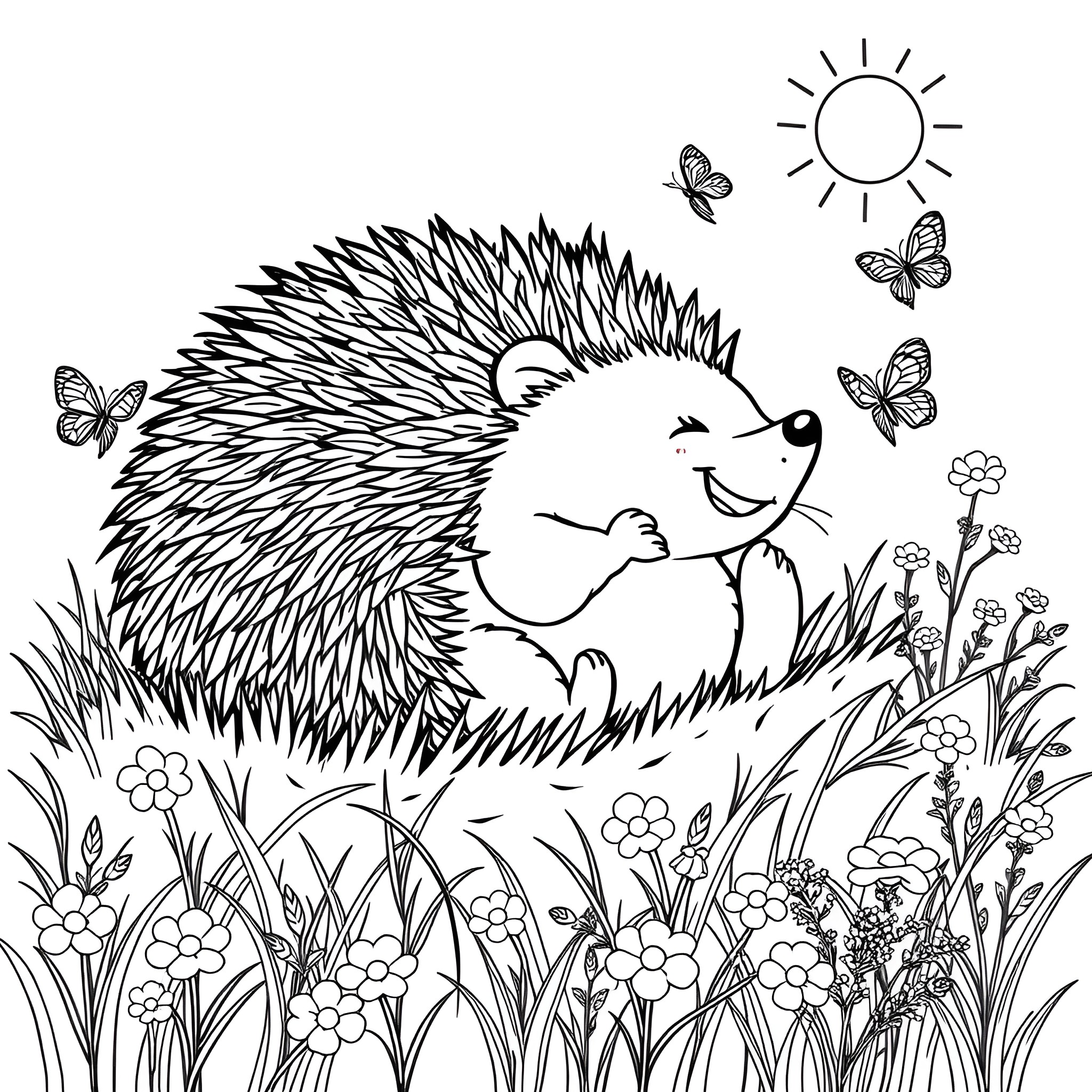 Hedgehog resting peacefully in the flowery meadow Coloring Page (free black-and-white line drawing printable PDF for all, from beginners to advanced learners, including children, teens, adults, and seniors)