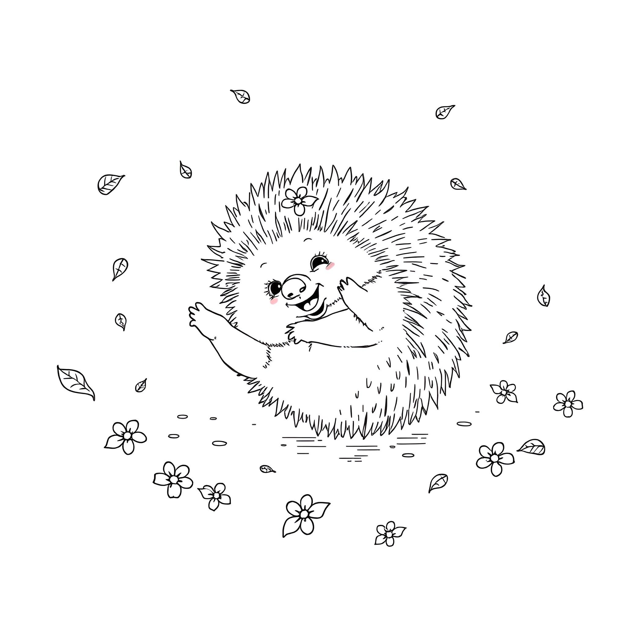 Hedgehog playing joyfully in a flower field Coloring Page (free black-and-white line drawing printable PDF for all, from beginners to advanced learners, including children, teens, adults, and seniors)