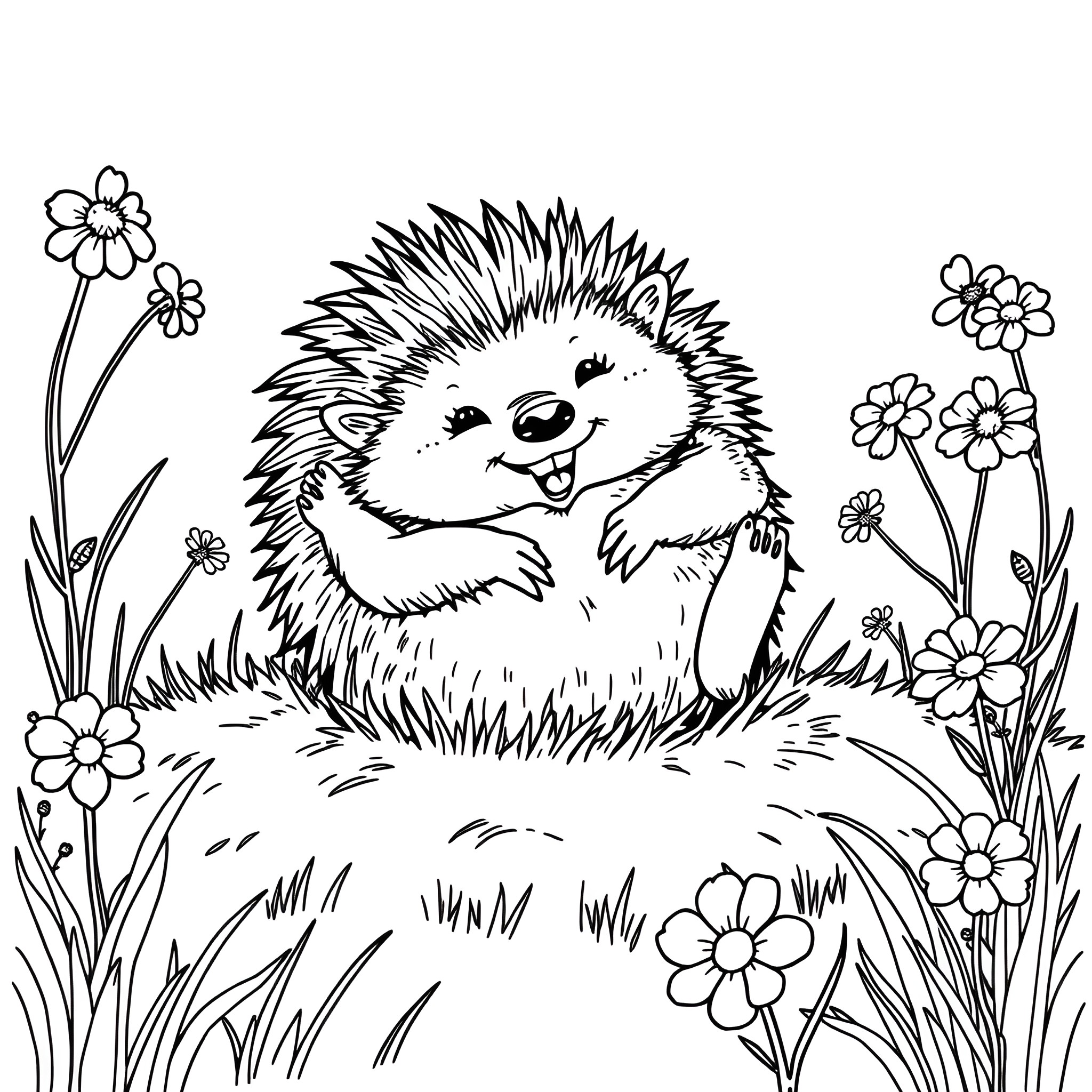Hedgehog enjoying the floral garden Coloring Page (free black-and-white line drawing printable PDF for all, from beginners to advanced learners, including children, teens, adults, and seniors)