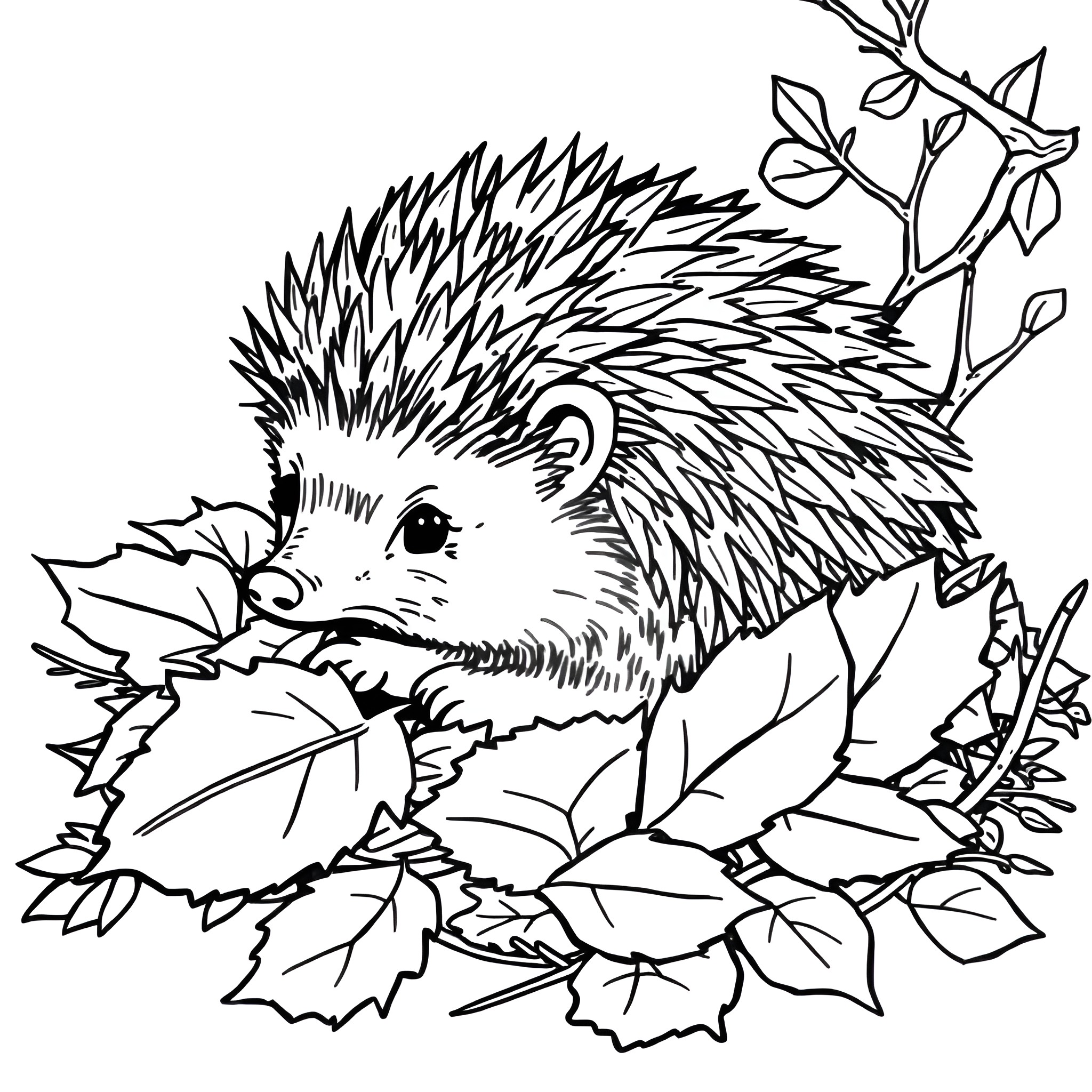 Hedgehog nestled among autumn leaves Coloring Page (free black-and-white line drawing printable PDF for all, from beginners to advanced learners, including children, teens, adults, and seniors)