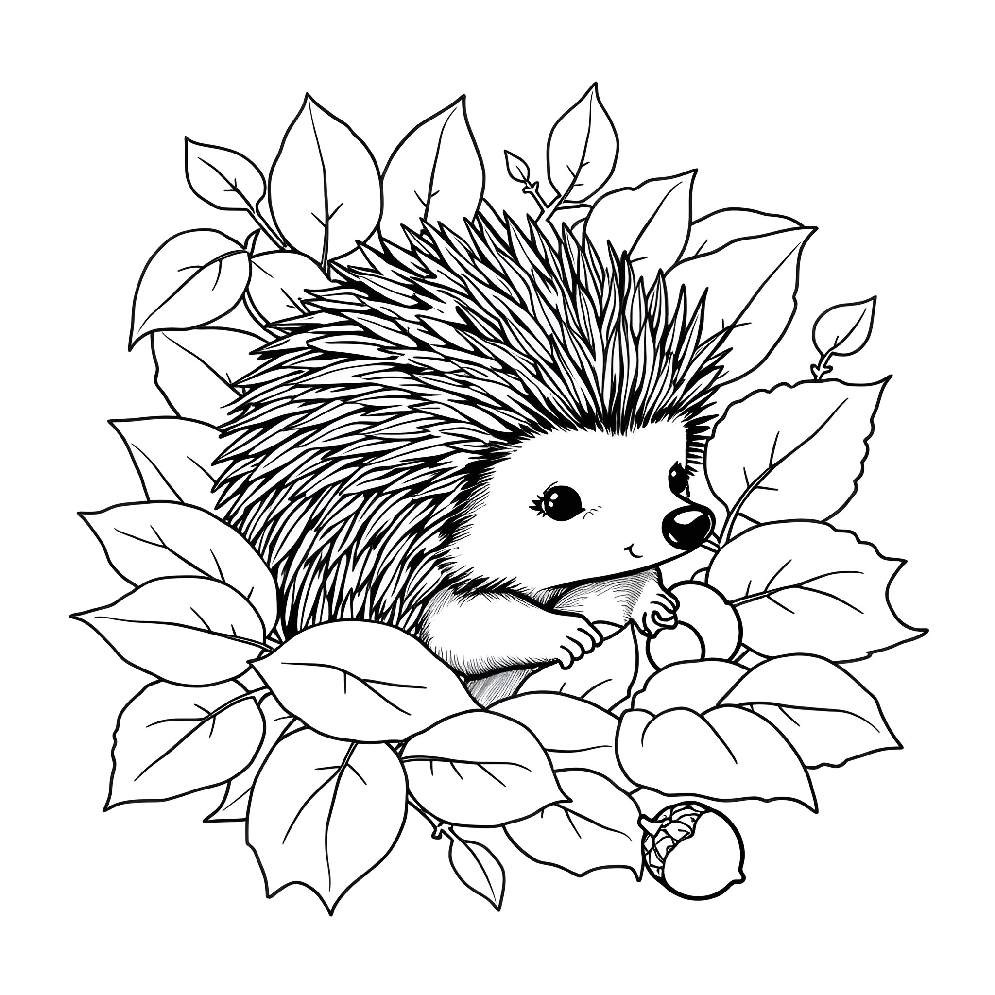 Hedgehog surrounded by leaves Coloring Page (free black-and-white line drawing printable PDF for all, from beginners to advanced learners, including children, teens, adults, and seniors)