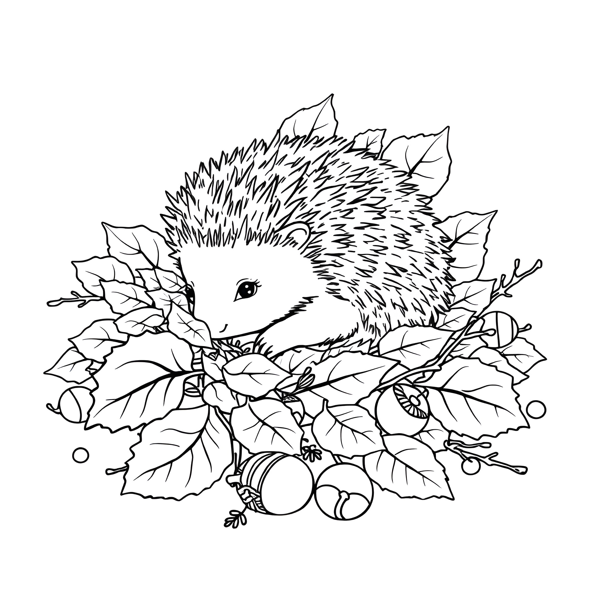 Hedgehog amidst autumn foliage Coloring Page (free black-and-white line drawing printable PDF for all, from beginners to advanced learners, including children, teens, adults, and seniors)