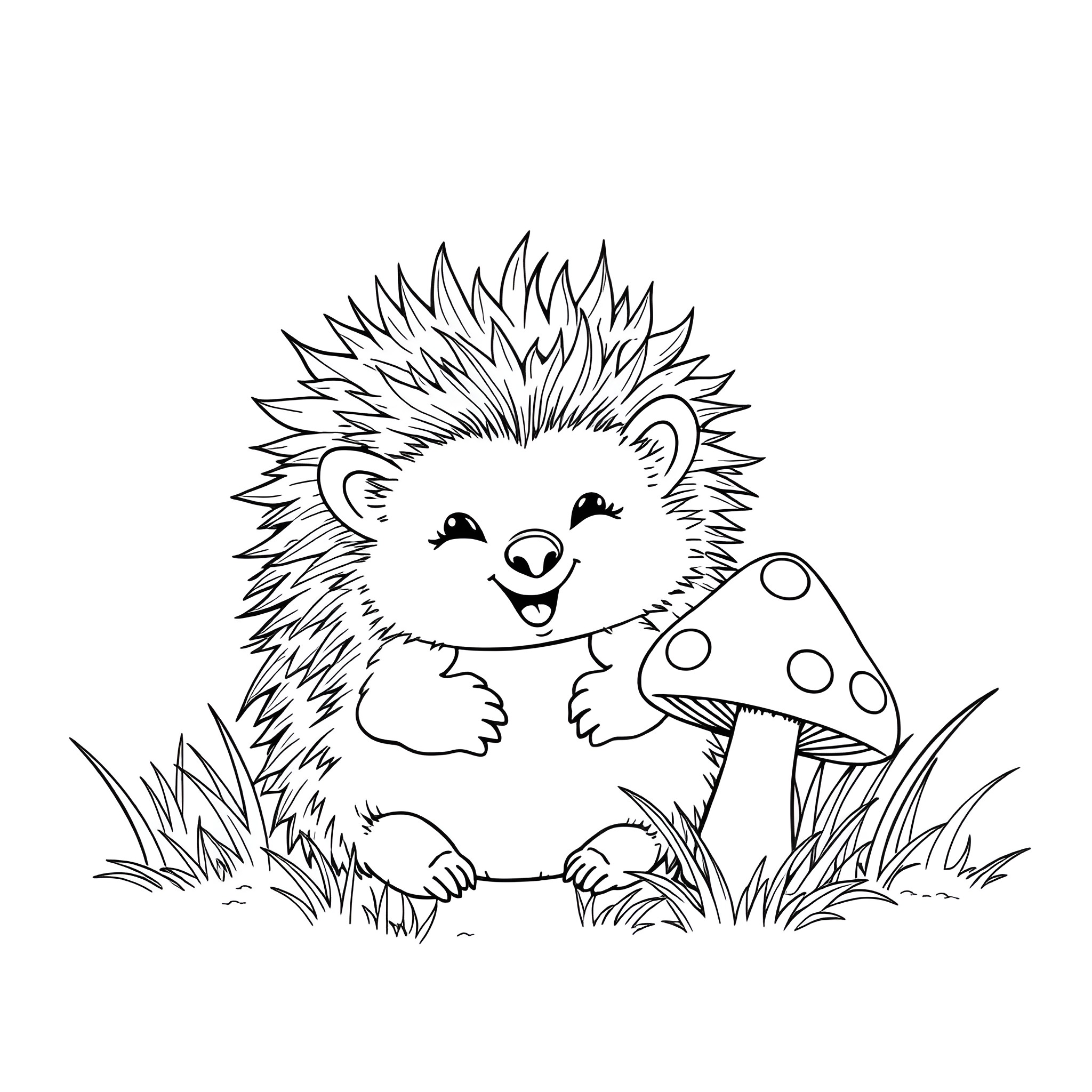 Hedgehog enjoying a mushroom in the forest Coloring Page (free black-and-white line drawing printable PDF for all, from beginners to advanced learners, including children, teens, adults, and seniors)