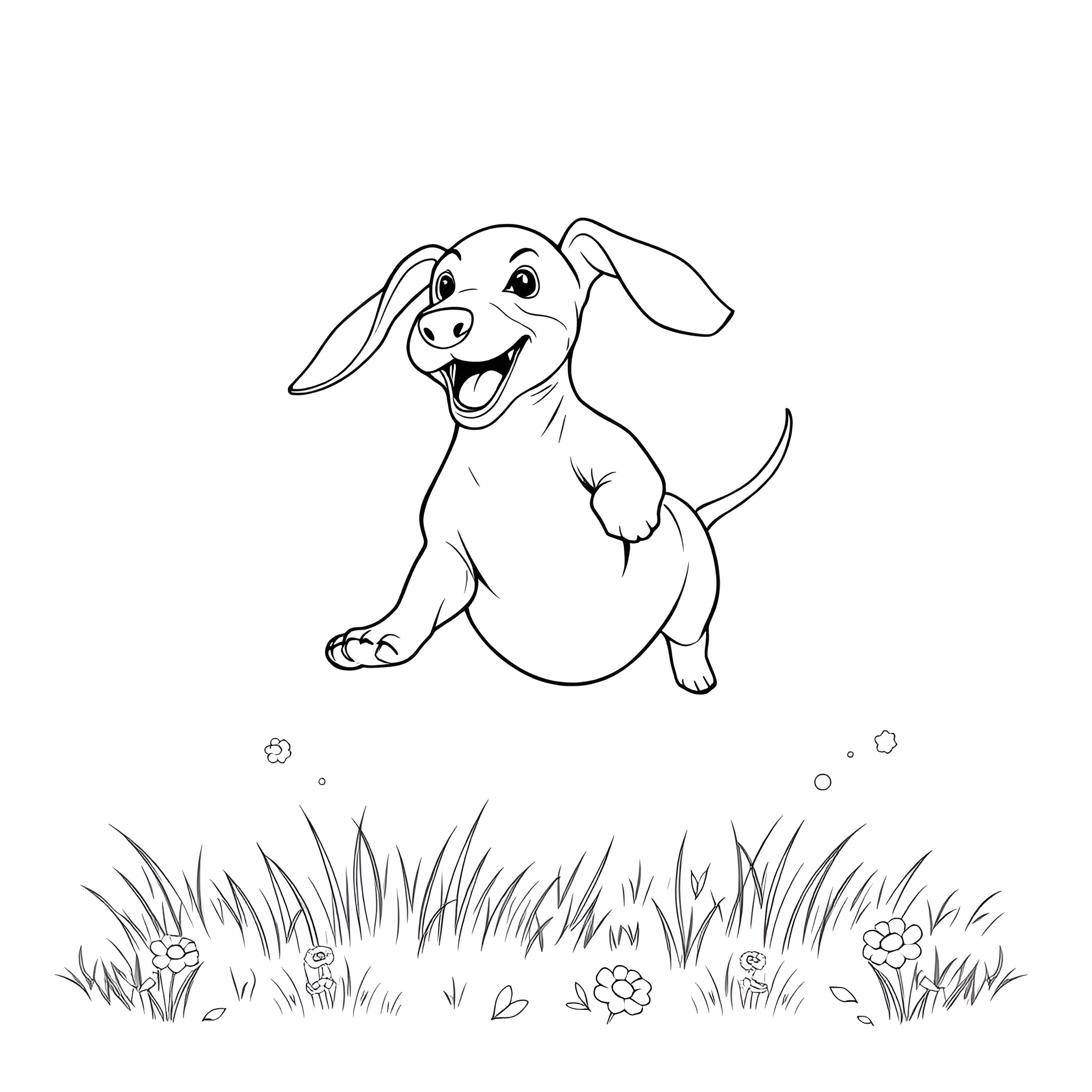 Dog happily playing in the grass Coloring Page (free black-and-white line drawing printable PDF for all, from beginners to advanced learners, including children, teens, adults, and seniors)