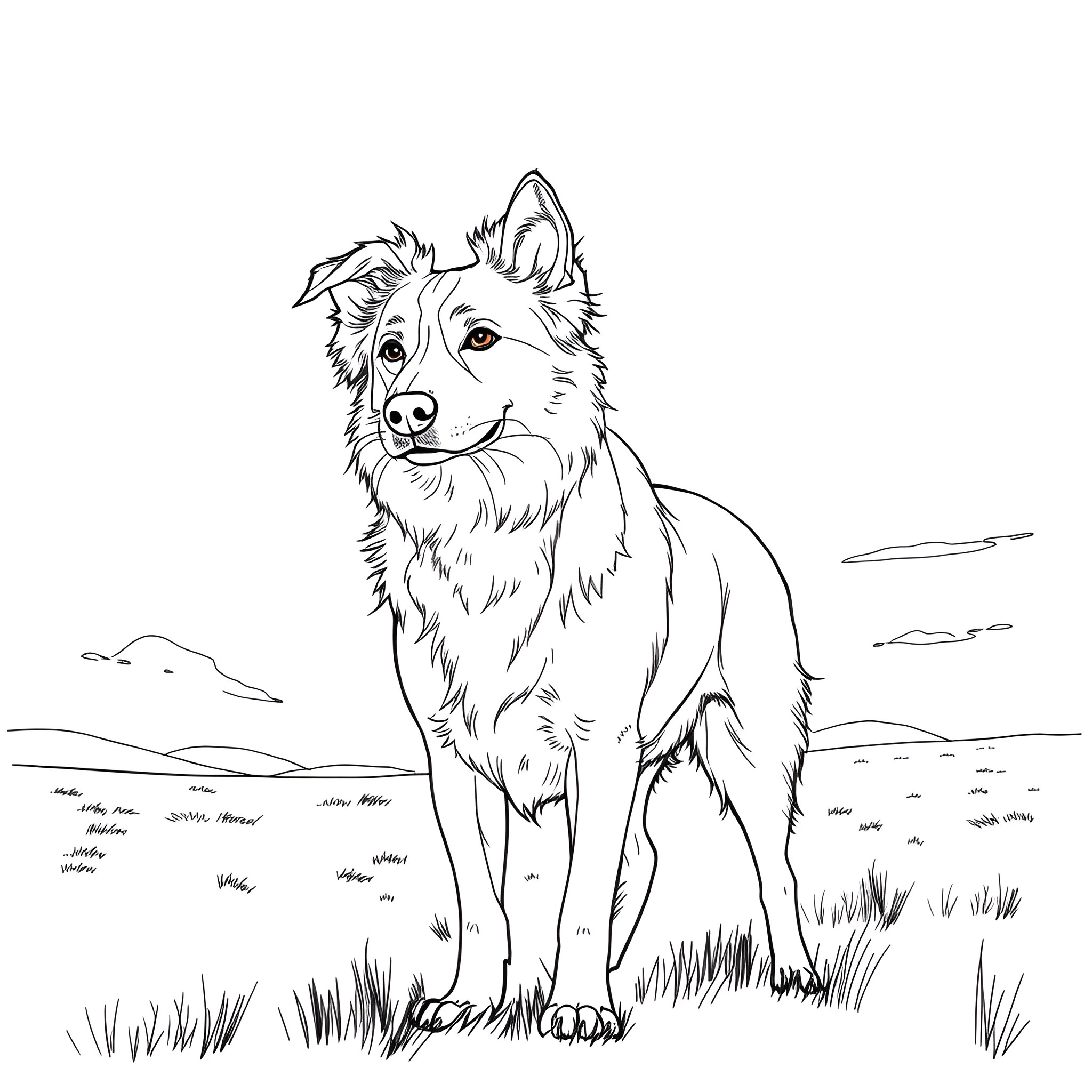 Dog standing proudly in the meadow Coloring Page (free black-and-white line drawing printable PDF for all, from beginners to advanced learners, including children, teens, adults, and seniors)