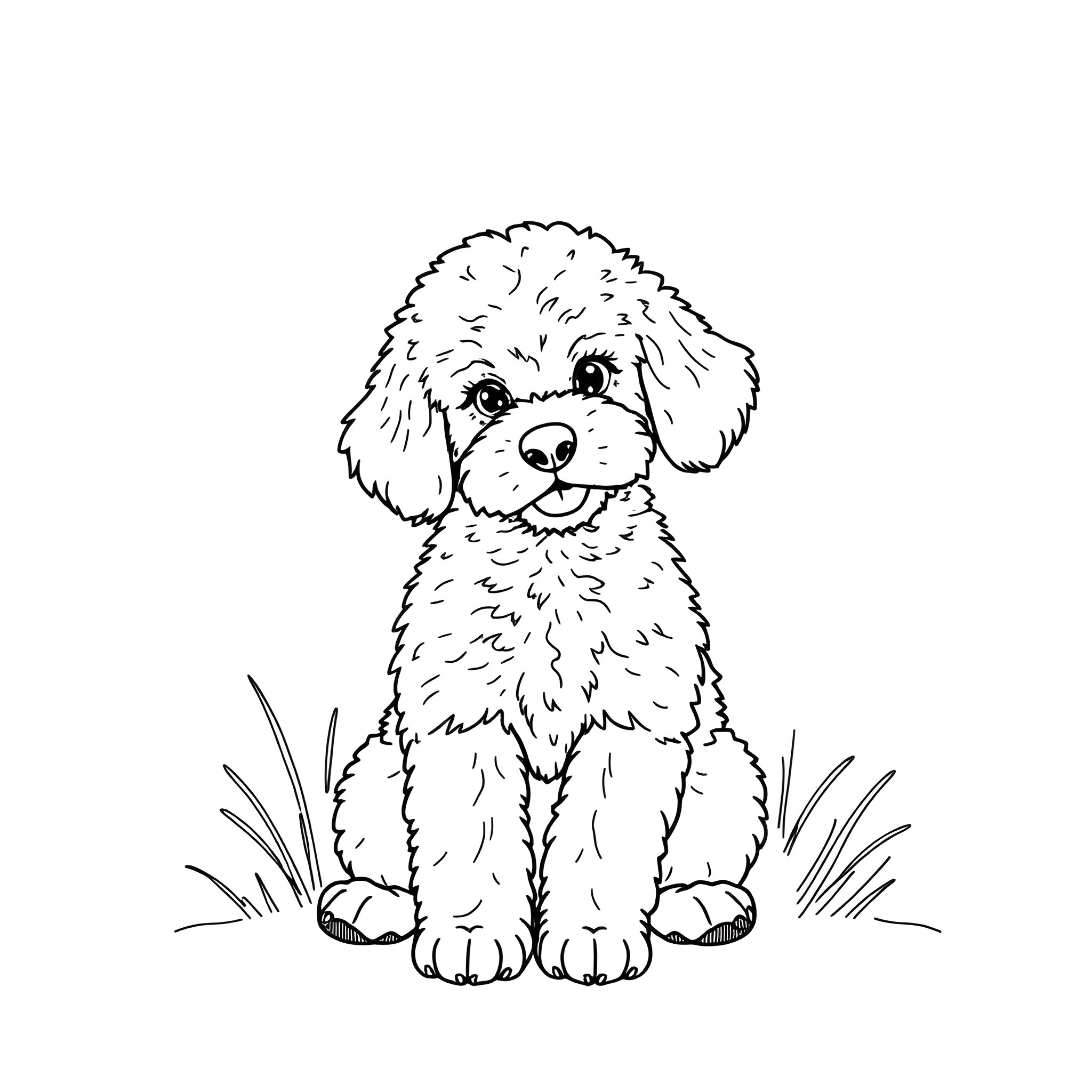 Poodle sitting calmly in the grass Coloring Page (free black-and-white line drawing printable PDF for all, from beginners to advanced learners, including children, teens, adults, and seniors)
