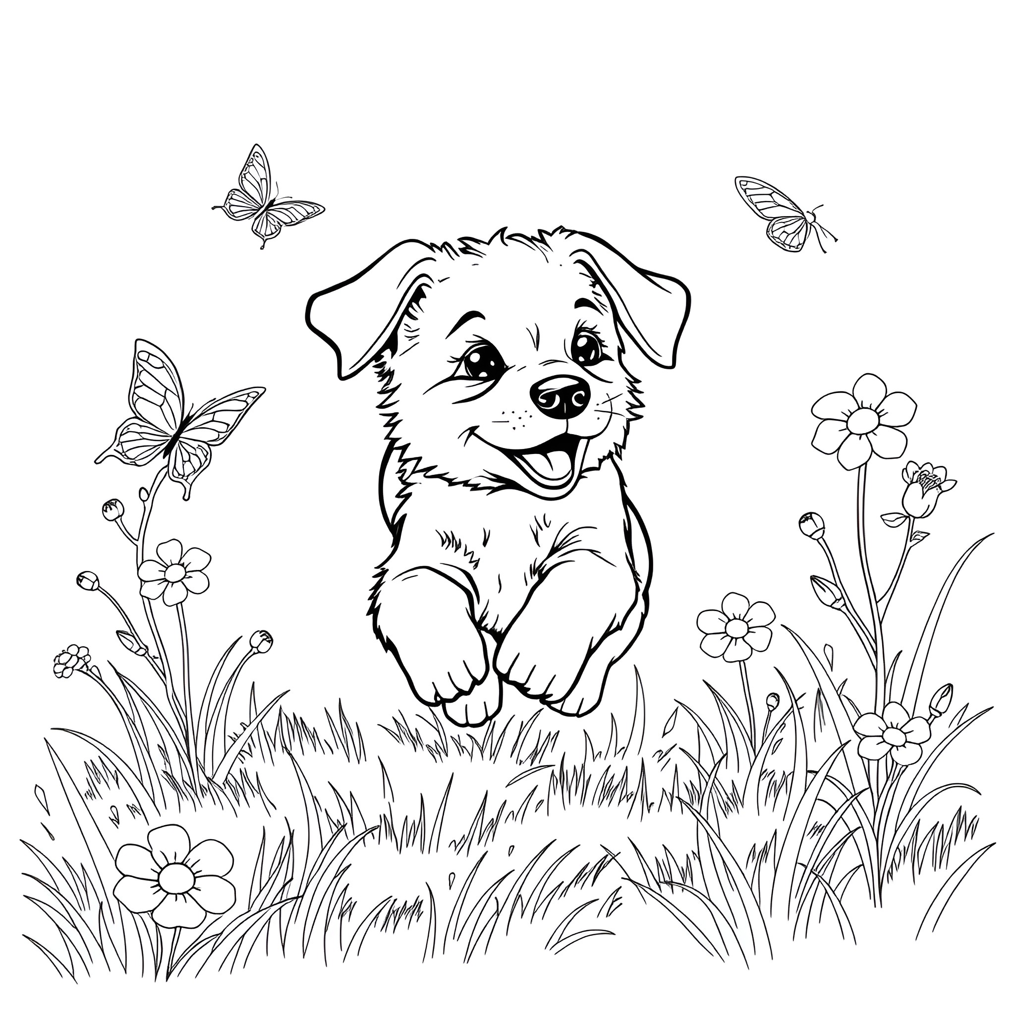 Dog relaxing in a flower garden Coloring Page (free black-and-white line drawing printable PDF for all, from beginners to advanced learners, including children, teens, adults, and seniors)