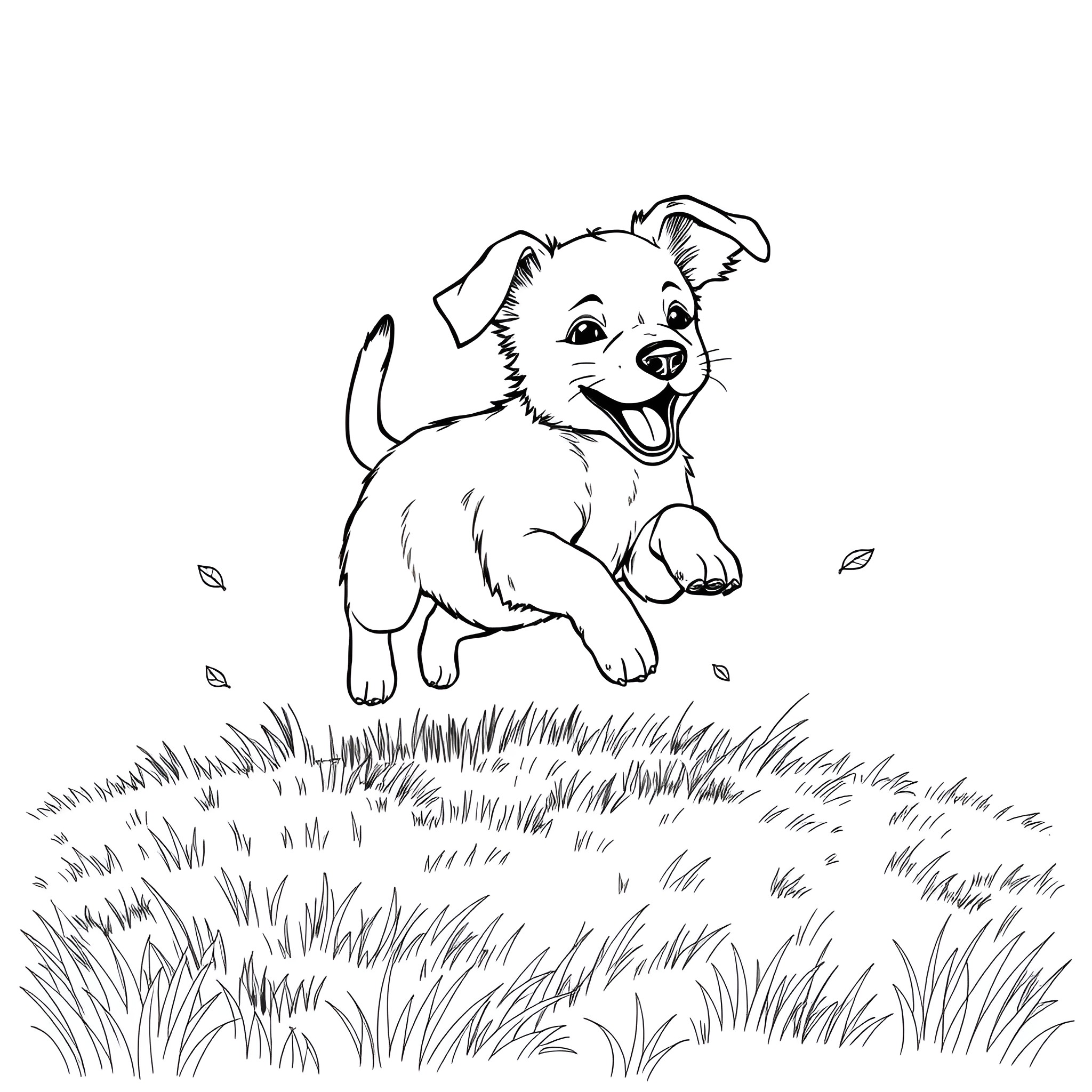 Dog playing joyfully in the grass Coloring Page (free black-and-white line drawing printable PDF for all, from beginners to advanced learners, including children, teens, adults, and seniors)