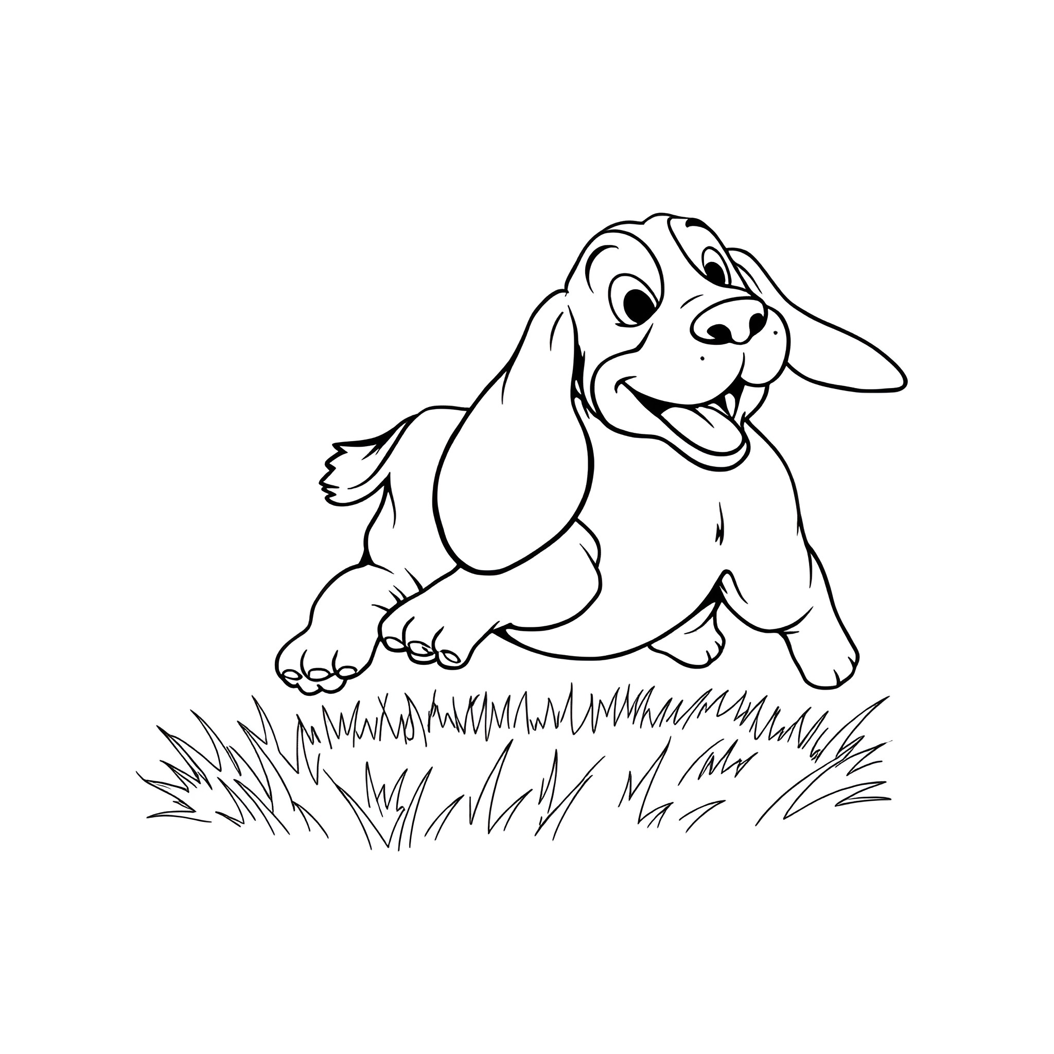Dog playing joyfully in the grass Coloring Page (free black-and-white line drawing printable PDF for all, from beginners to advanced learners, including children, teens, adults, and seniors)