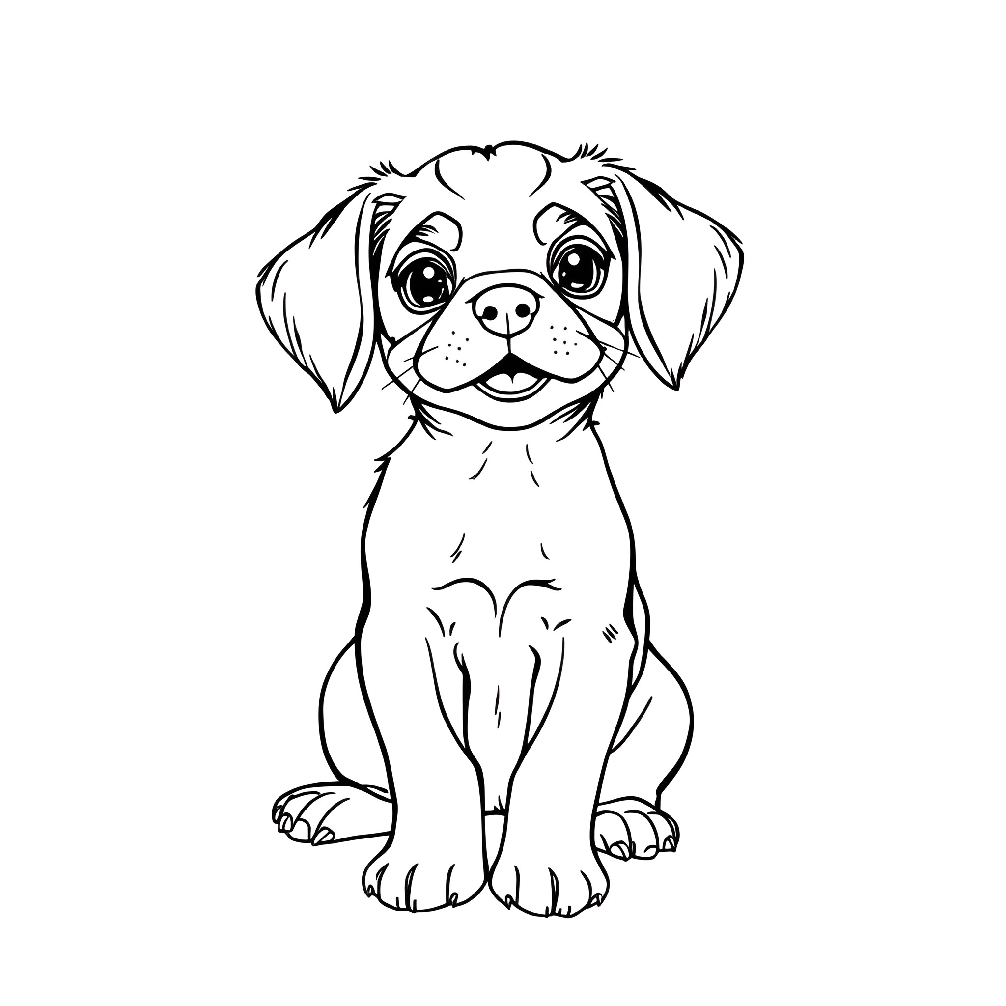 Dog sitting and looking cheerful Coloring Page (free black-and-white line drawing printable PDF for all, from beginners to advanced learners, including children, teens, adults, and seniors)