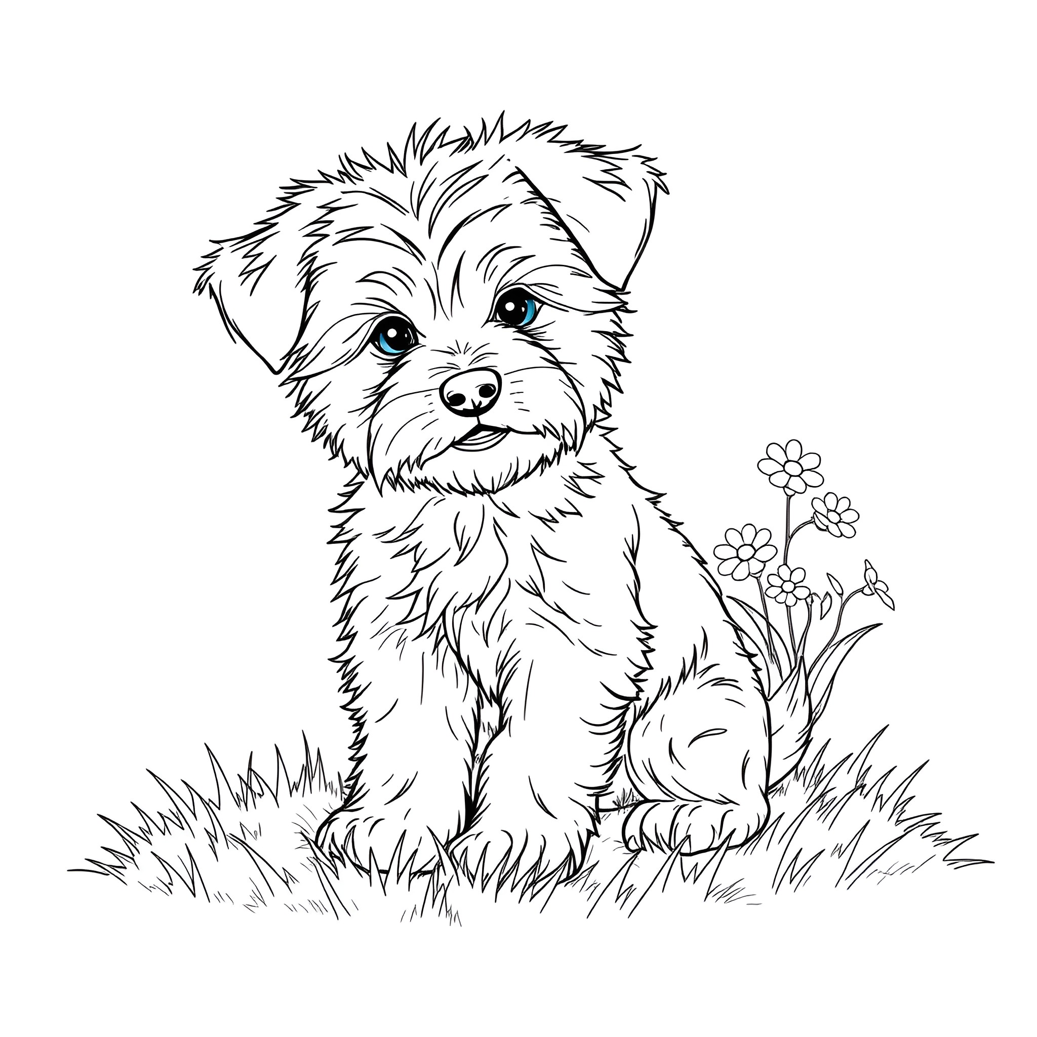 Dog playing in grass with flowers Coloring Page (free black-and-white line drawing printable PDF for all, from beginners to advanced learners, including children, teens, adults, and seniors)