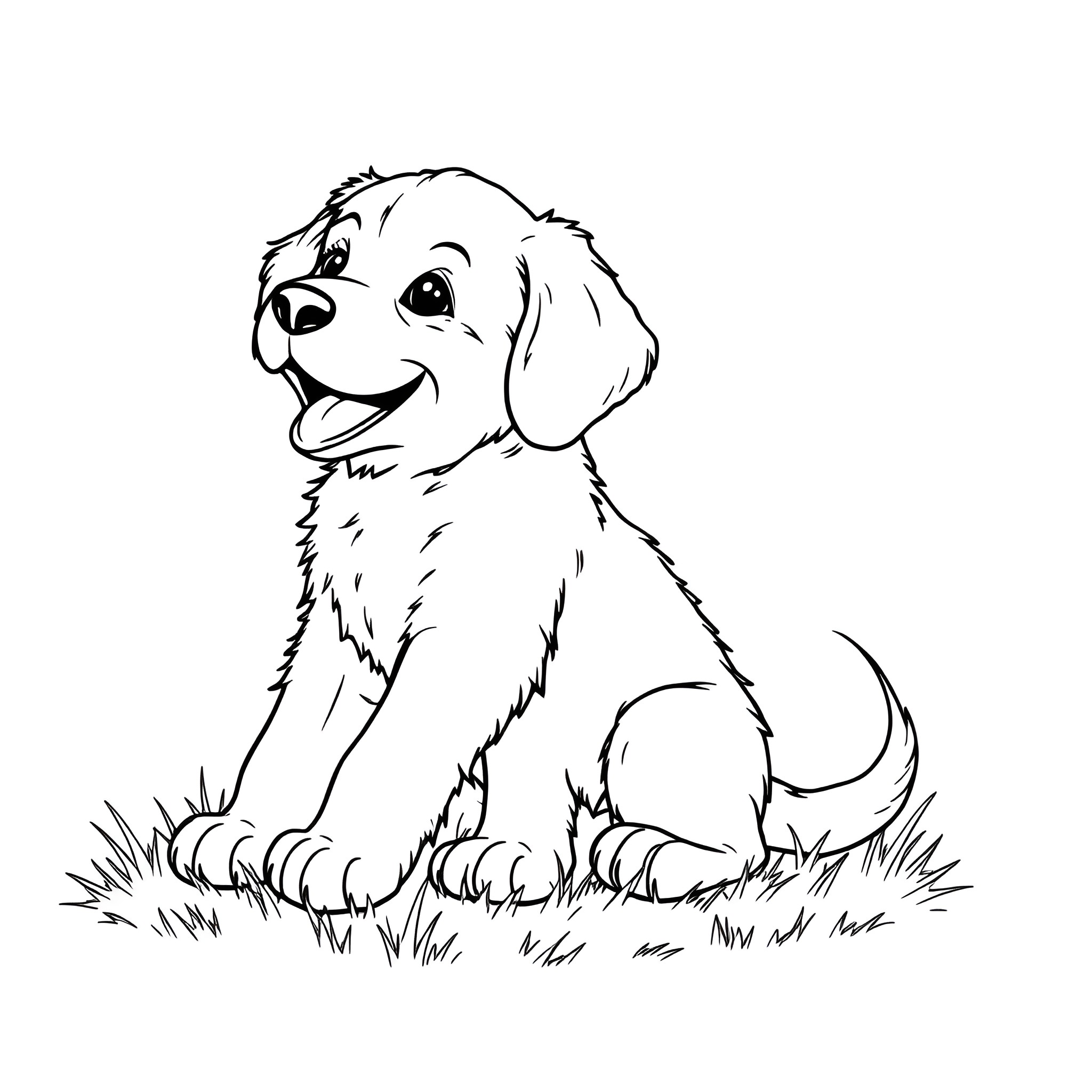 Dog sitting happily in the grass Coloring Page (free black-and-white line drawing printable PDF for all, from beginners to advanced learners, including children, teens, adults, and seniors)