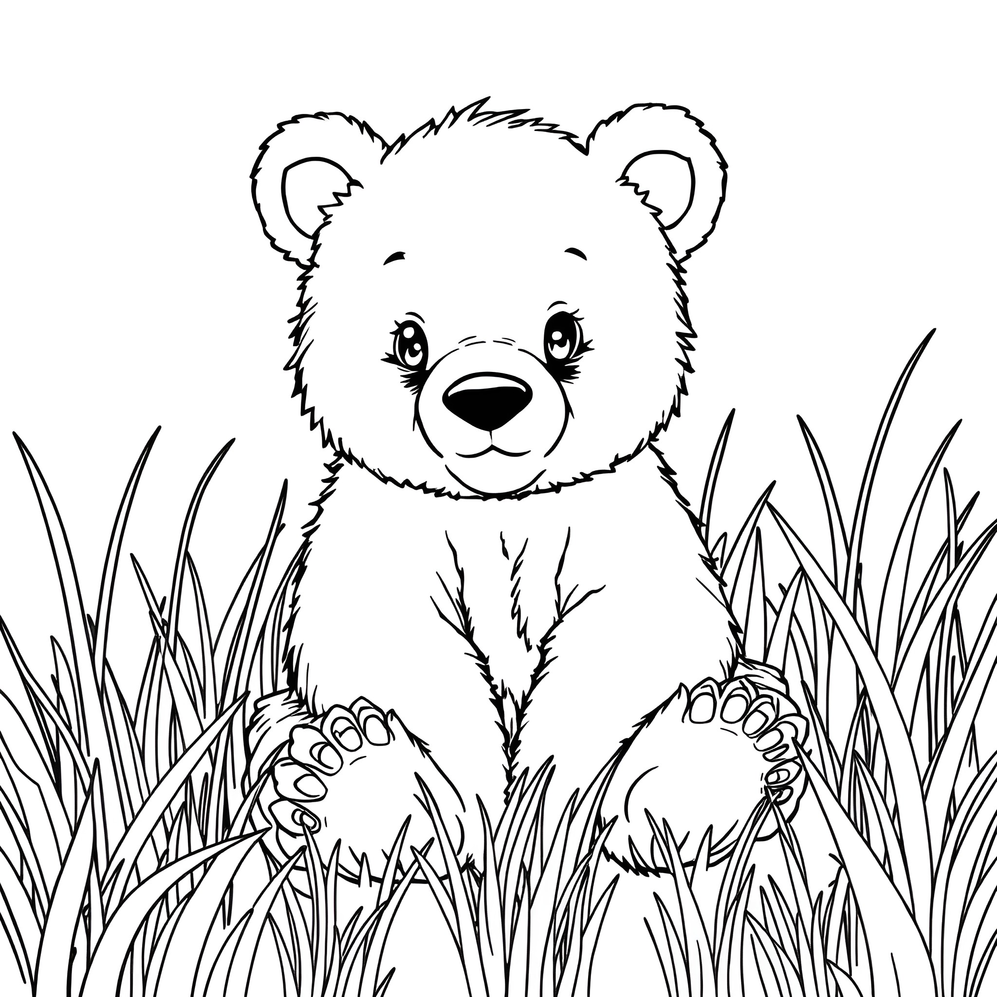 Bear sitting in the grass Coloring Page (free black-and-white line drawing printable PDF for all, from beginners to advanced learners, including children, teens, adults, and seniors)