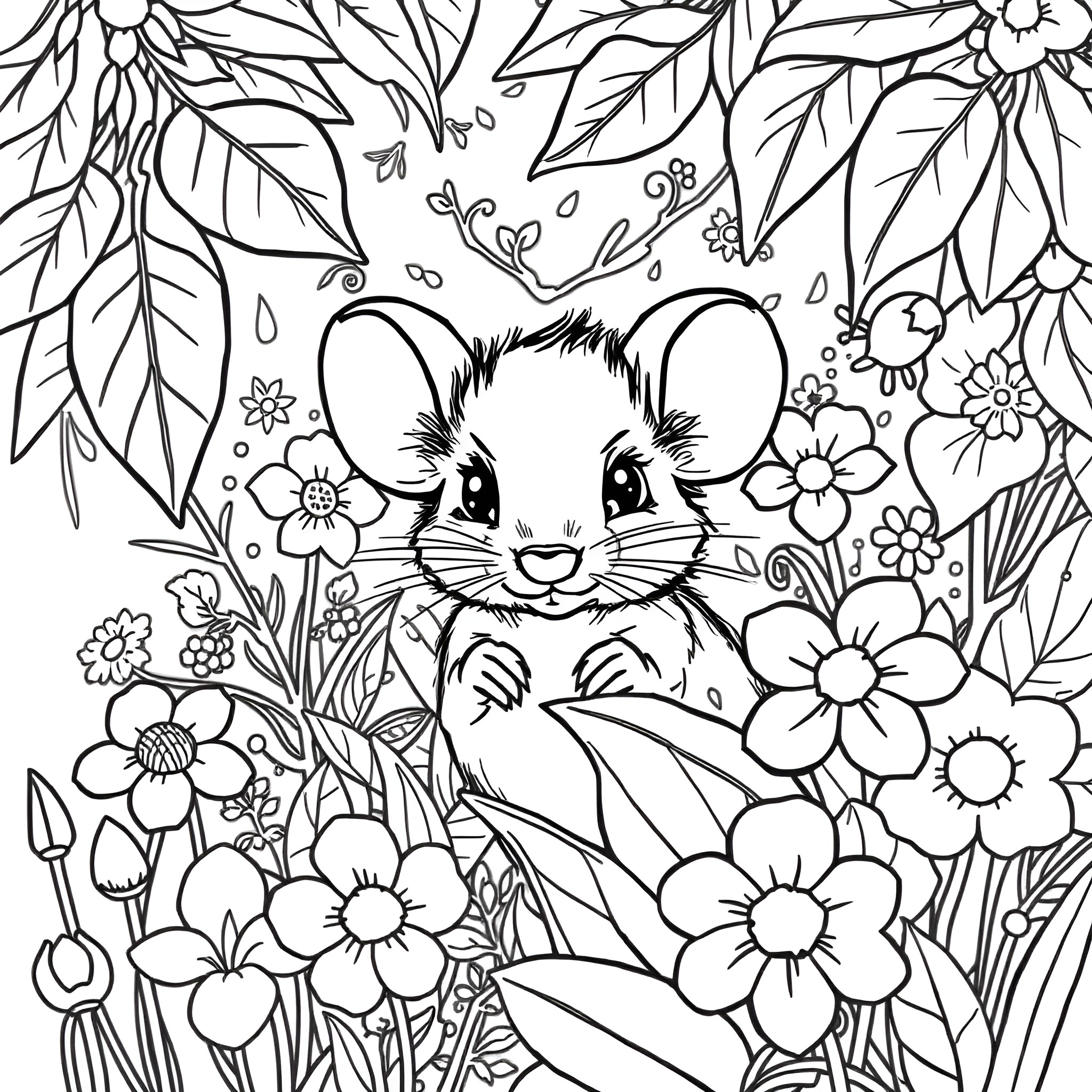 Mouse hiding among beautiful flowers and plants Coloring Page (free black-and-white line drawing printable PDF for all, from beginners to advanced learners, including children, teens, adults, and seniors)
