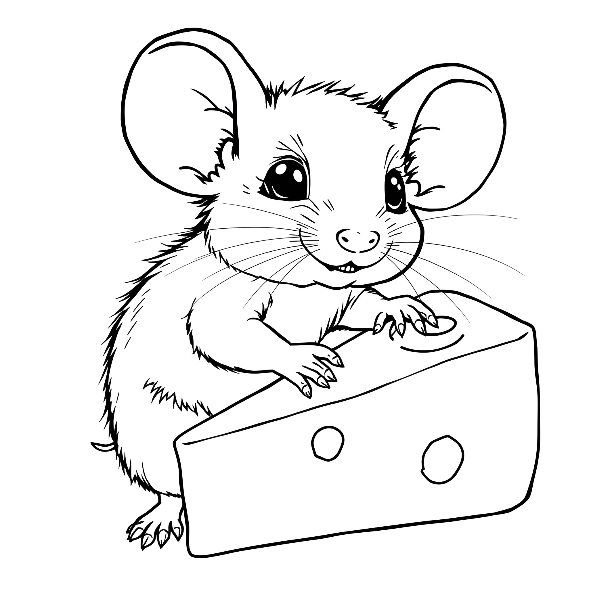 Mouse nibbling on cheese in a box Coloring Page (free black-and-white line drawing printable PDF for all, from beginners to advanced learners, including children, teens, adults, and seniors)