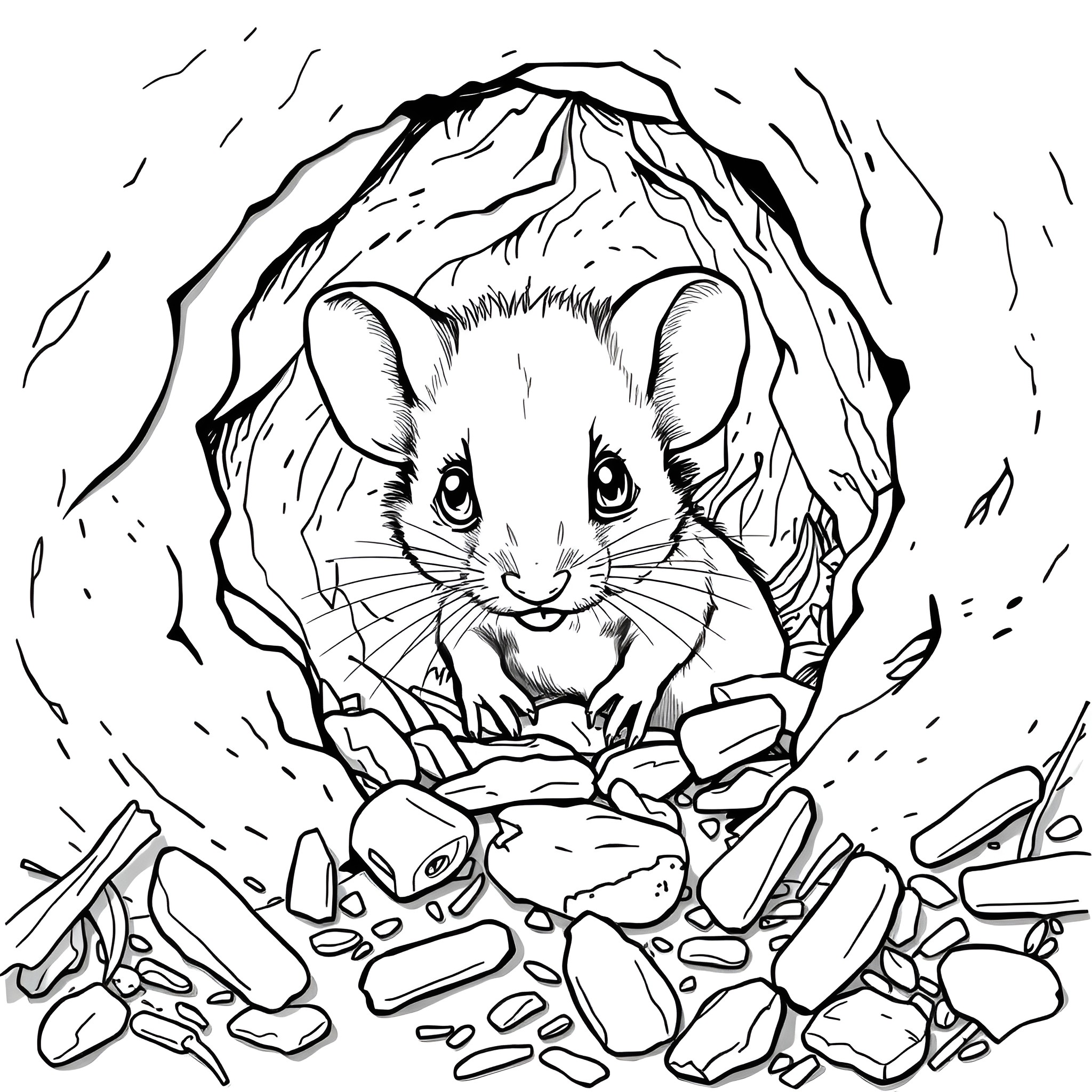 Mouse peeking out from rocky crevice Coloring Page (free black-and-white line drawing printable PDF for all, from beginners to advanced learners, including children, teens, adults, and seniors)