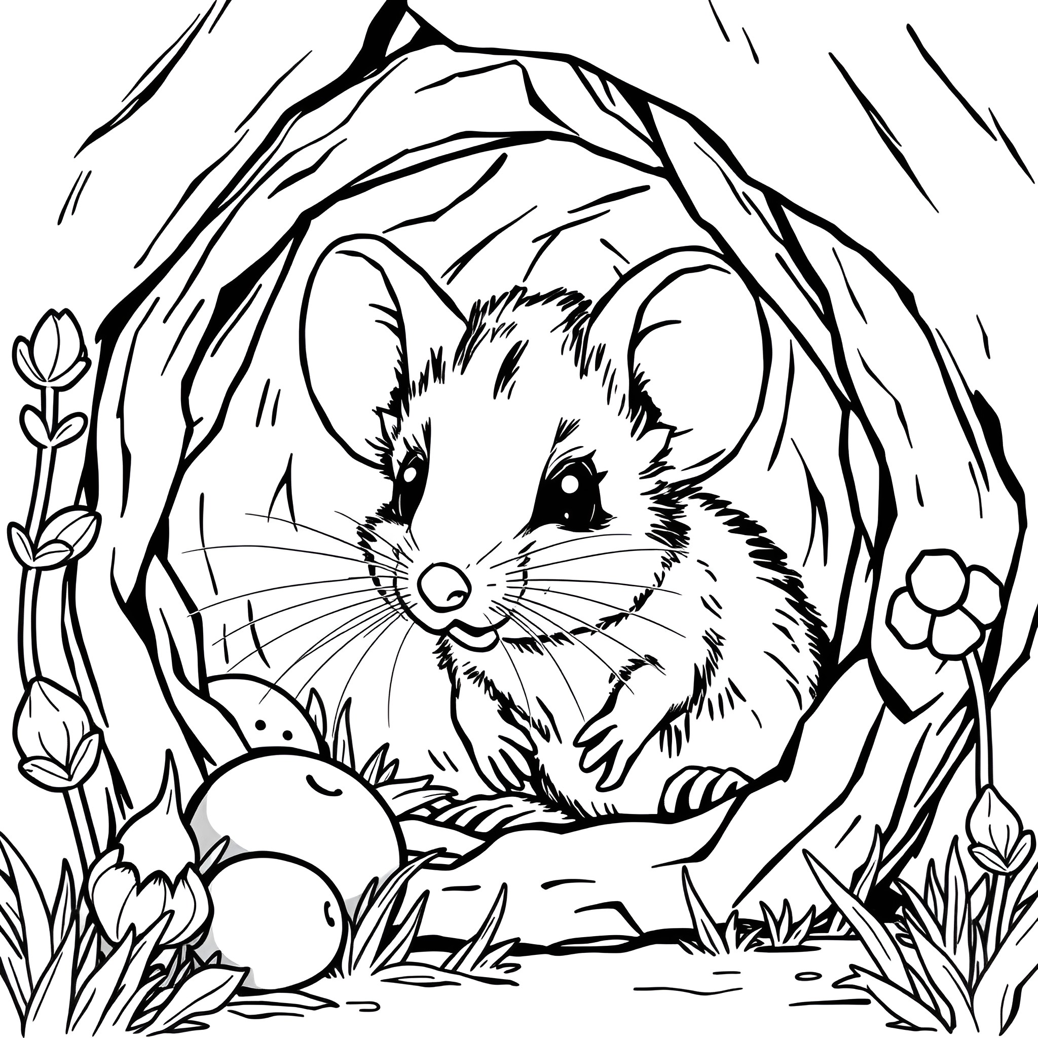 Mouse hiding in the forest Coloring Page (free black-and-white line drawing printable PDF for all, from beginners to advanced learners, including children, teens, adults, and seniors)