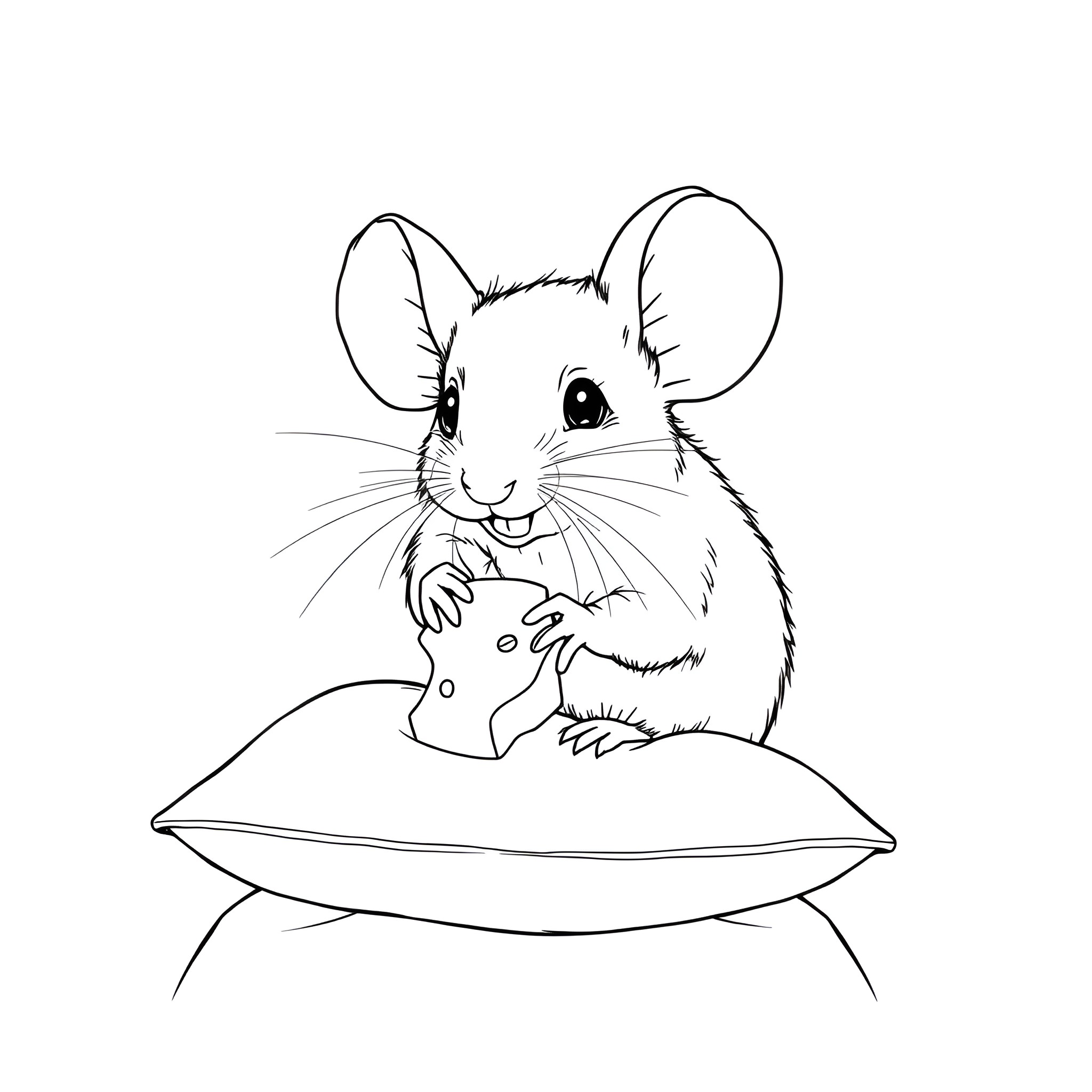 Mouse sitting comfortably on a cushion Coloring Page (free black-and-white line drawing printable PDF for all, from beginners to advanced learners, including children, teens, adults, and seniors)